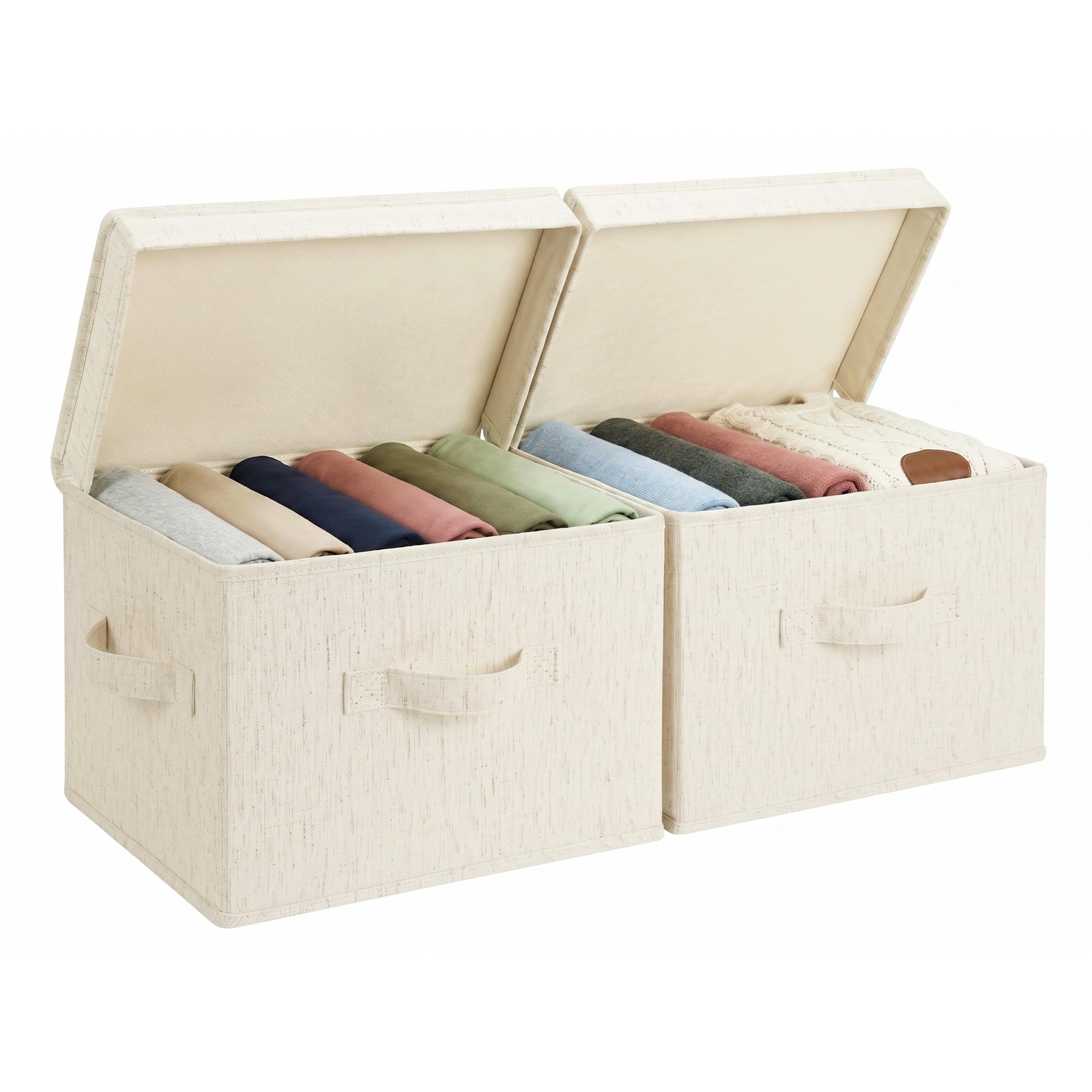 StorageWorks Storage Boxes for Shelves, Fabric Storage Boxes with Lids, Bedroom Storage Baskets with Handles, Heavy-Duty Boxes with Lids for Organising Toys, Clothes, Medium, Beige, 2-Pack