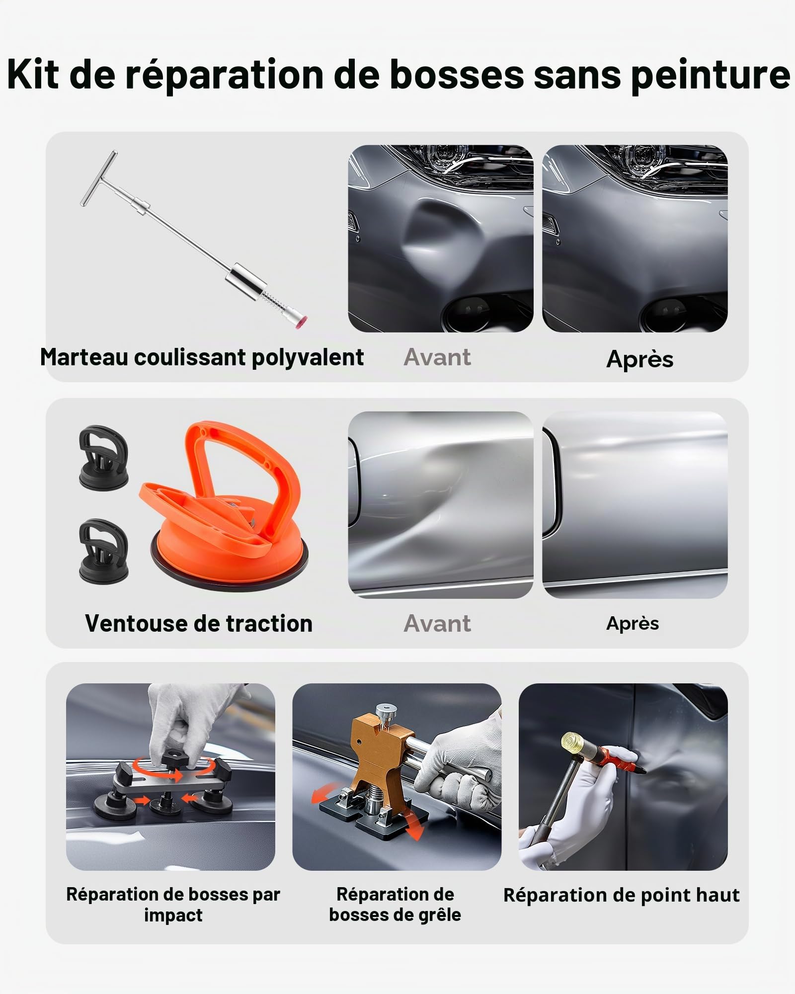 VEVOR Kit de Débosselage de Carrosserie sans Peinture 100PCs, avec Extracteur Doré, Pont de Débosselage, Marteau à Inertie, Barre en T, Pistolet à Colle, Outil de Réparation de Bosses pour Garage