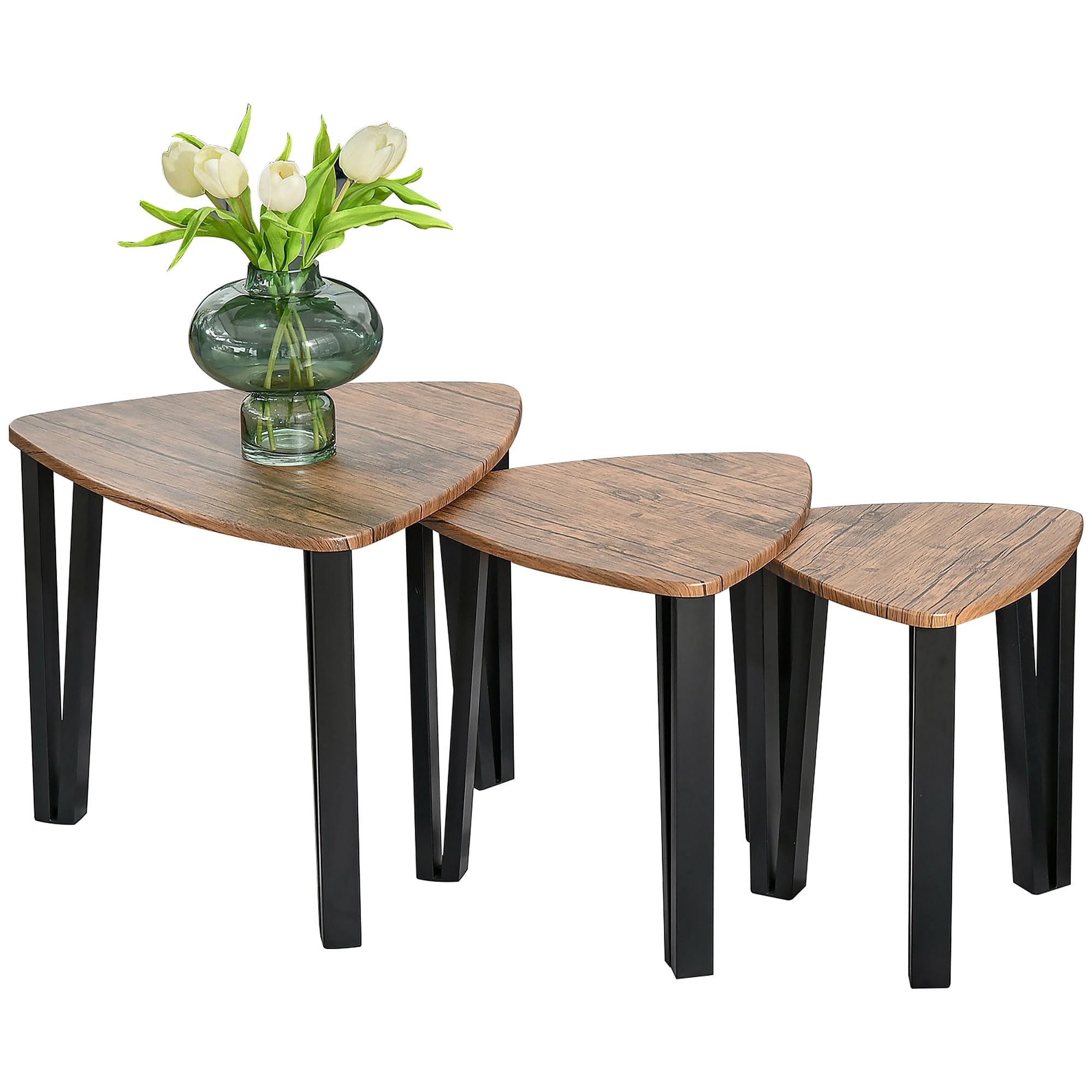 HOMCOM 3 PCs MDF Steel Nesting Table Coffee Table Set Multifunctional End Side Table Living Room Furniture Walnut Wood GrainThe Forest Stewardship Council