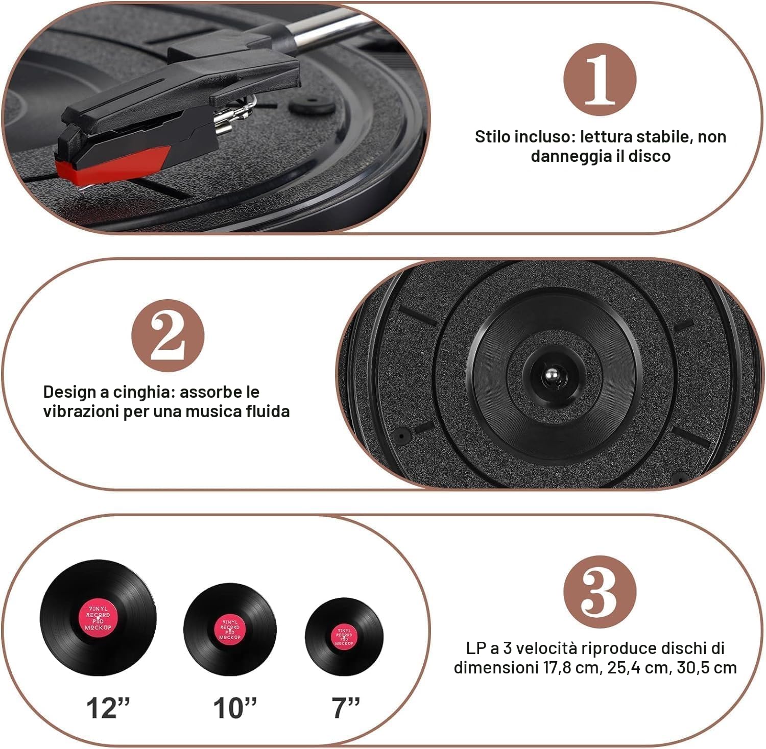 Giradischi in vinile Bluetooth con altoparlanti integrati Supporto Uscita RCA USB Aux In cuffia Auto-Stop Fonografo portatile a cinghia a 3 velocità per intrattenimento e decorazione