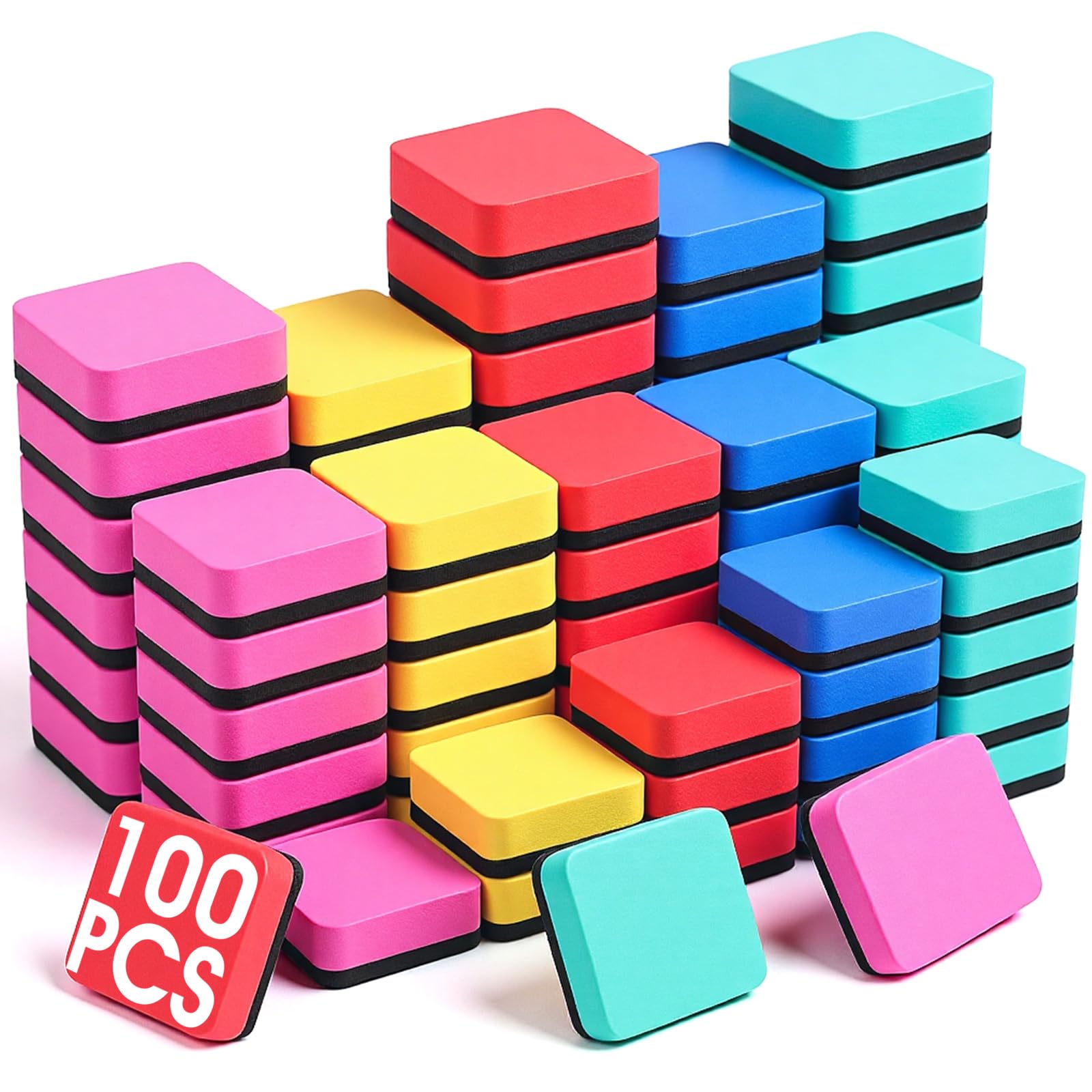 Cube - Borradores de borrado en seco, paquete de 100 mini borradores magnéticos en seco para pizarra blanca en 5 colores, limpiador de pizarra para el hogar y suministros de oficina