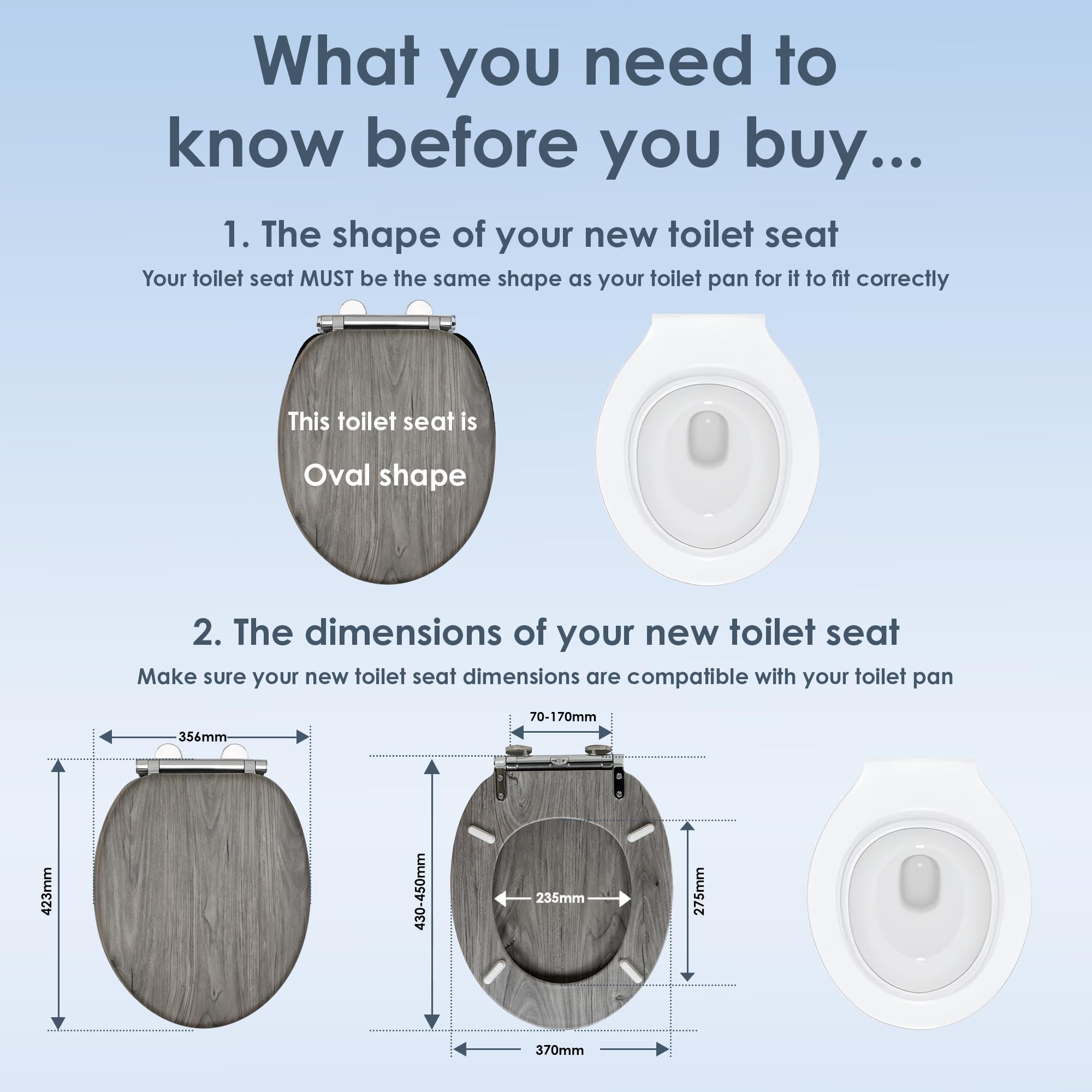 Close-up of the AQUALONA Grey Oak Effect toilet seat hinge mechanism and quick-release button.