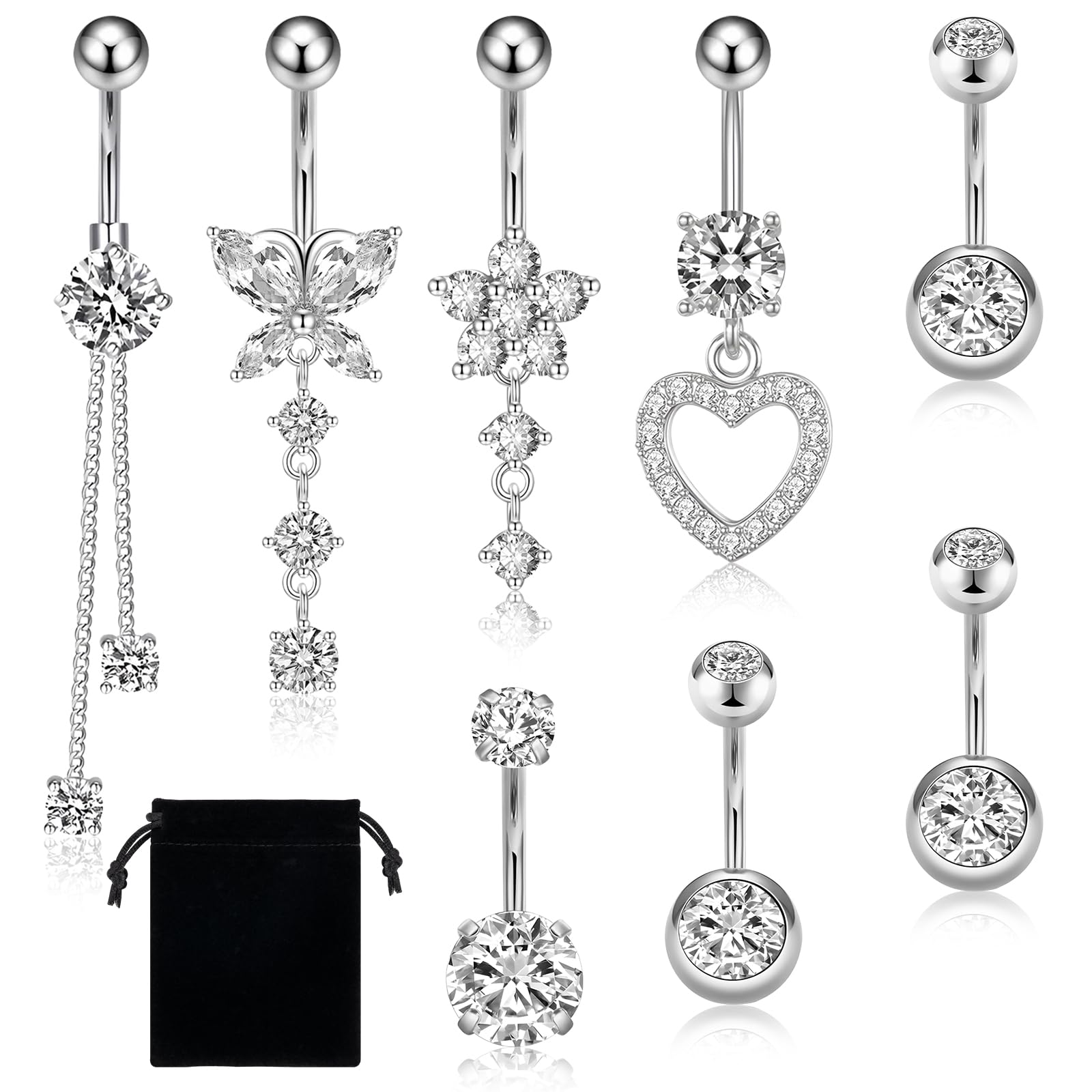 8er-Set Bauchnabelpiercing aus 316L Edelstahl mit Zirkonia – Inkl. Schmetterling Herz & Blumen-Anhänger – Hypoallergen für Damen (14G 1.6mm) – Ideal für Party & Alltag + Samtbeutel