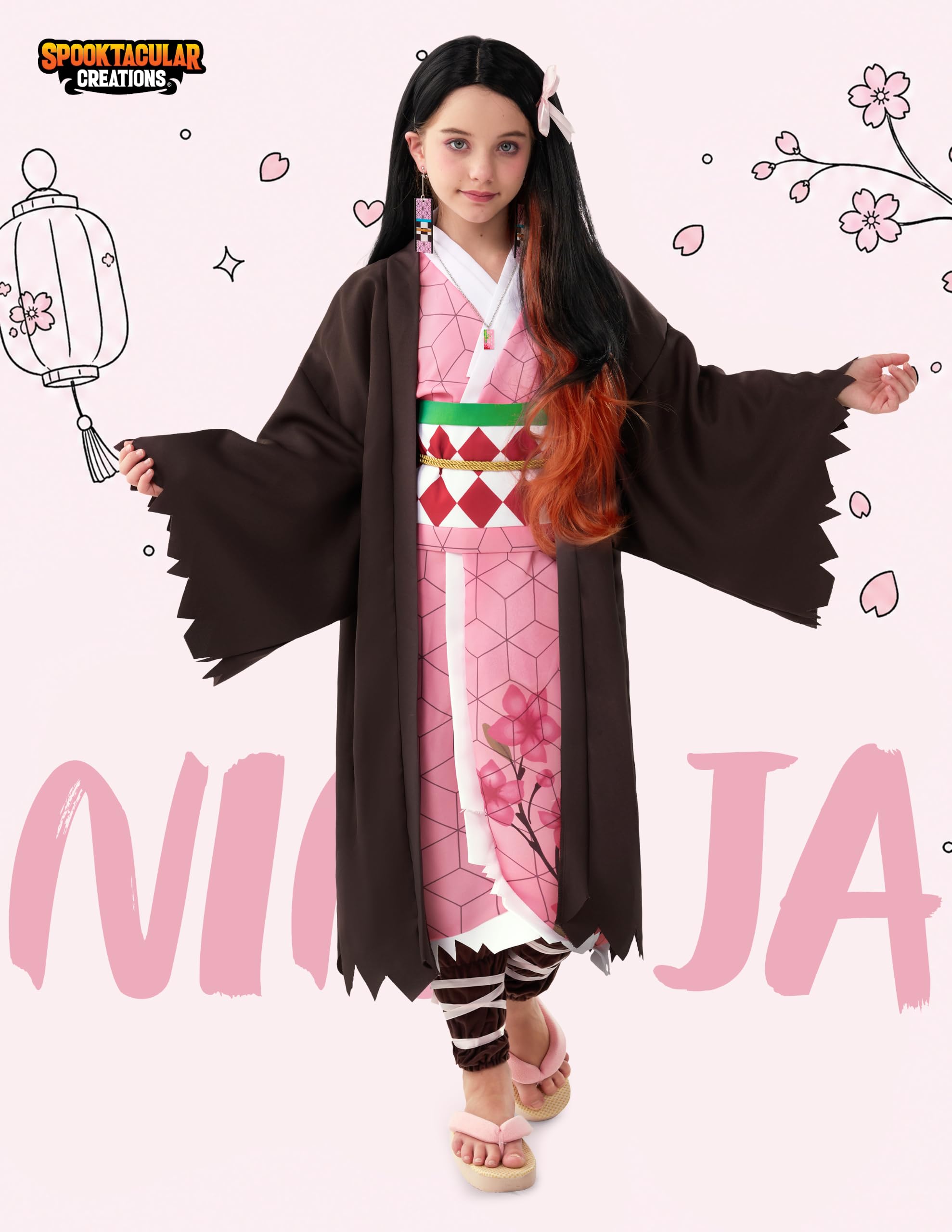 Spooktacular Creations Costume da ninja di Halloween per bambini, set kimono con parrucca per ragazze, vestito rosa anime per bambini piccoli