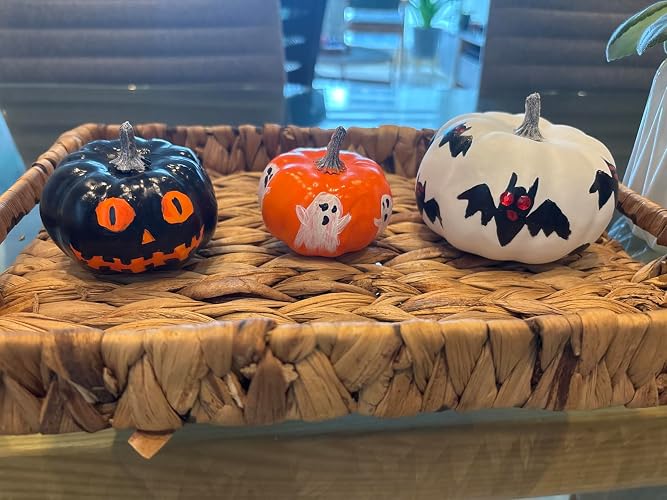 Winlyn 16 Sets 3 Inch DIY Fall Pumpkin Painting Kits Paint Your Own Pumpkins White Foam Craft Pumpkins with Jack O Lantern Face Stickers
