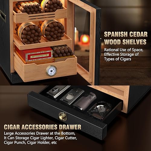 Miniatura 4 de Scotte Humidor de puros, caja de humidor de cigarros de madera de cedro con cajón de accesorios de higrómetro, parte superior de vidrio y cerradura