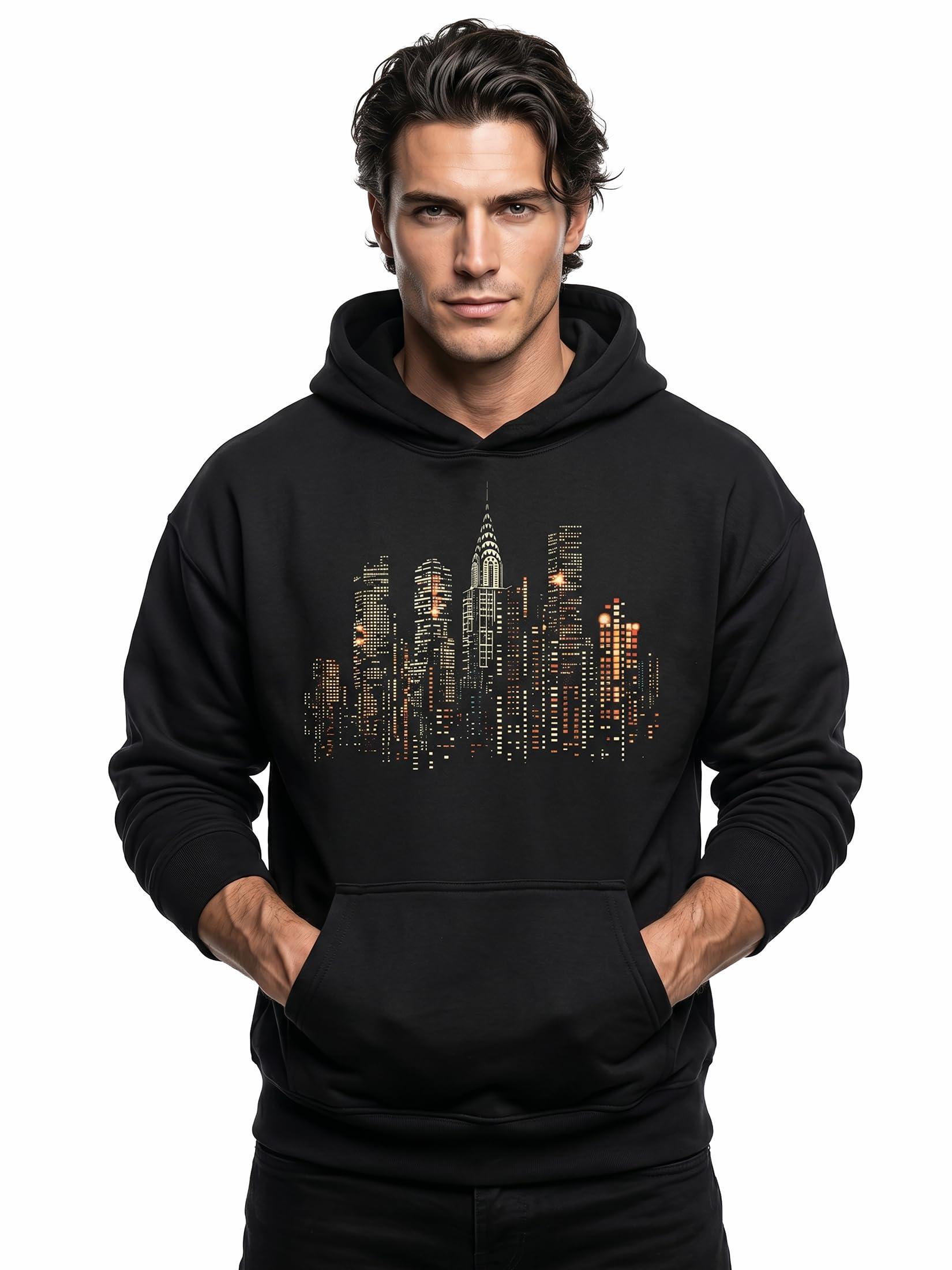 MAKAYA bluza z kapturem męska z motywem Nowego Jorku skyline USA hoodie z nadrukiem amerykański styl