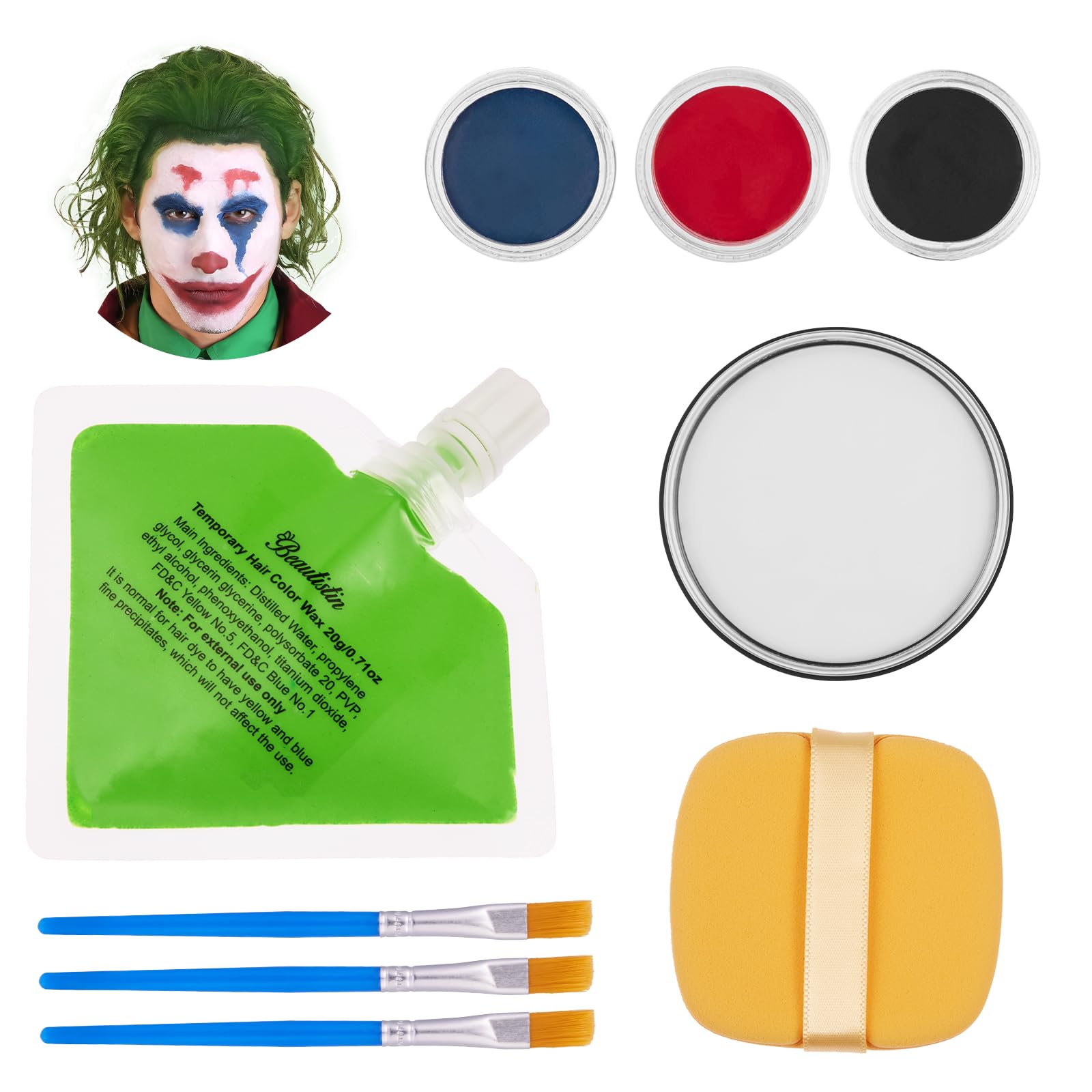 Kit de maquillaje de payaso Joker de Halloween, el kit de maquillaje Joker incluye pintura corporal a base de aceite blanco, rojo, negro y azul y 0.71 onzas de cera de color temporal verde para el