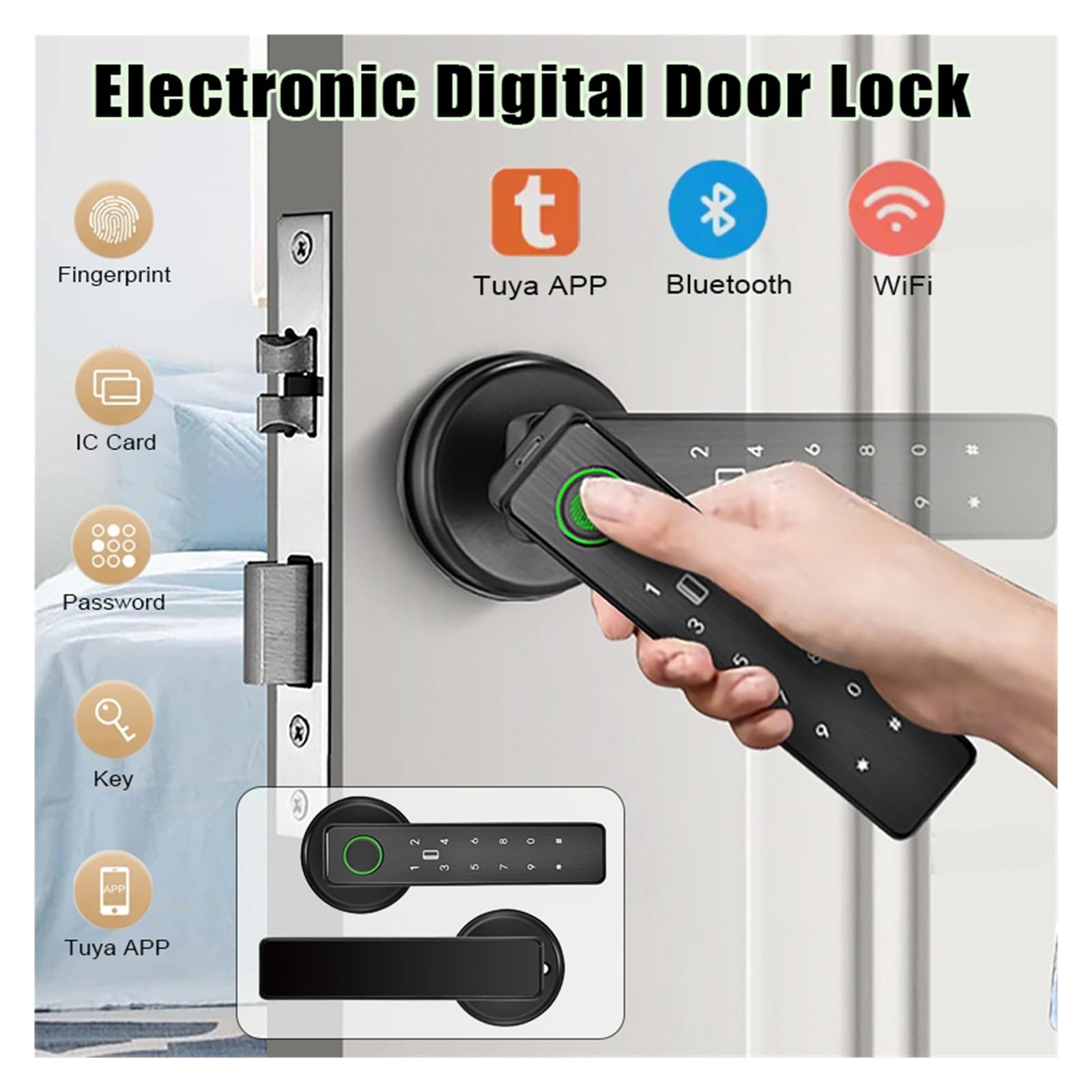 Smart Tuya SmartLife APP WiFi Control remoto tarjeta y contraseña, huellas dactilares y desbloqueo de llave, cerradura inteligente de manija de puerta para oficina