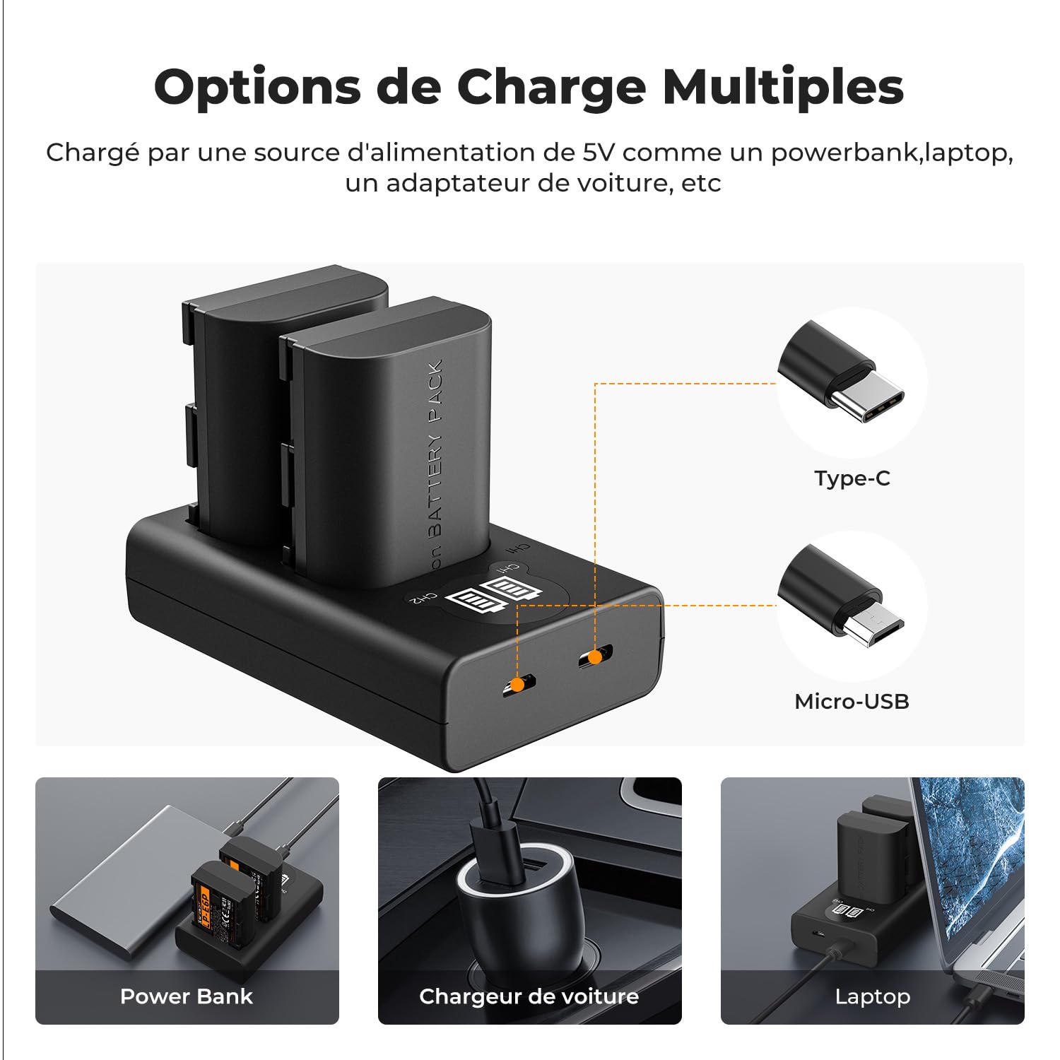 K&F CONCEPT LP-E6P Batterie et Chargeur 2x2400mAh Compatible avec Canon R7 | Écran LCD Chargeur Compatible avec Canon EOS R6 Mark II, R7, R5, R62, R6, R6V, et Les Batterie de Série LP-E6 Caméras