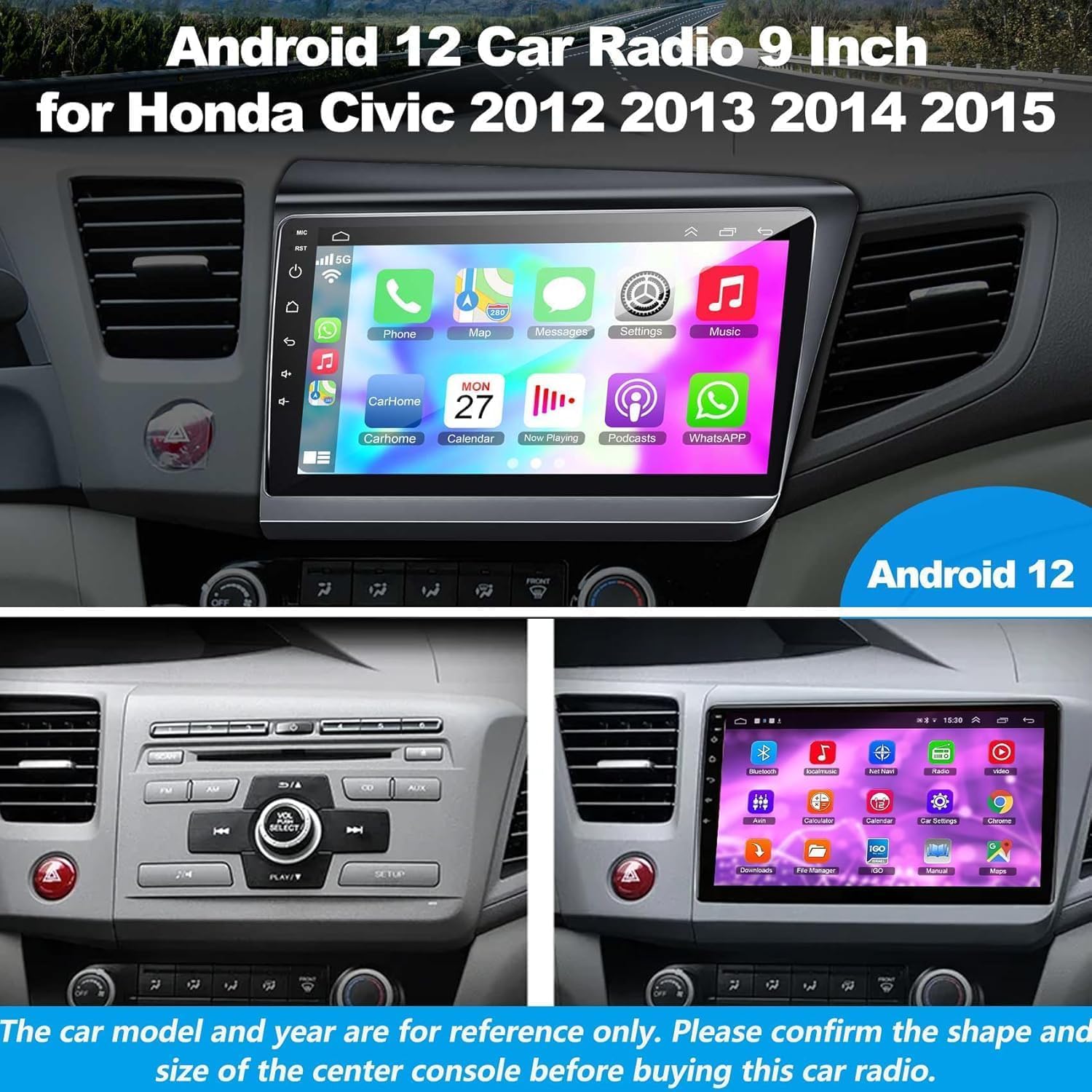 4G+64G Car Radio for Honda Civic 2012-2015 with Wireless Carpaly & Android Auto,9 Inch IPS Touch Screen Car Stereo with GPS Navigation/Bluetooth 5.2/FM/Backup Camera/WiFi/SWC/HiFi