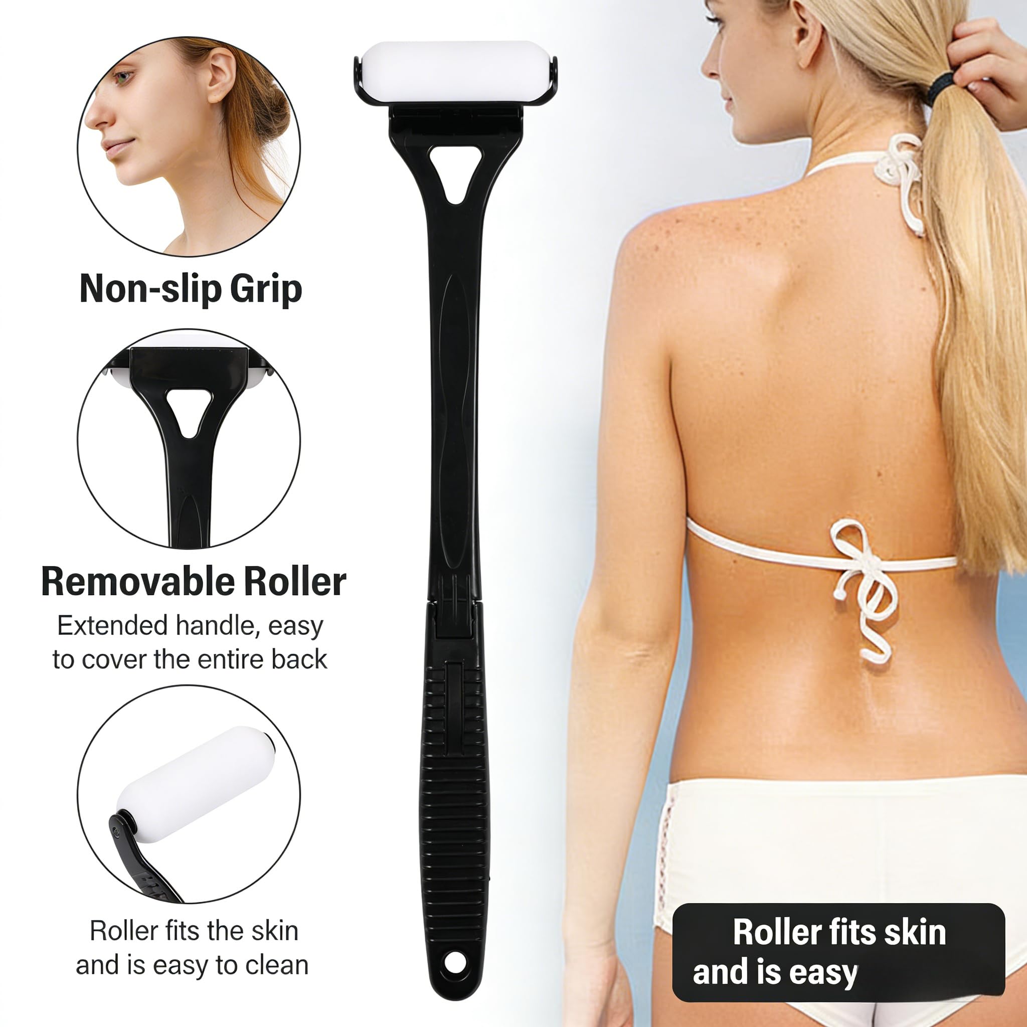 Crema per la schiena 46,5 cm, applicatore pieghevole con manico lungo e rullo curvo per protezione solare, lozione, autoabbronzante, facile da pulire, crema per schiena e piedi
