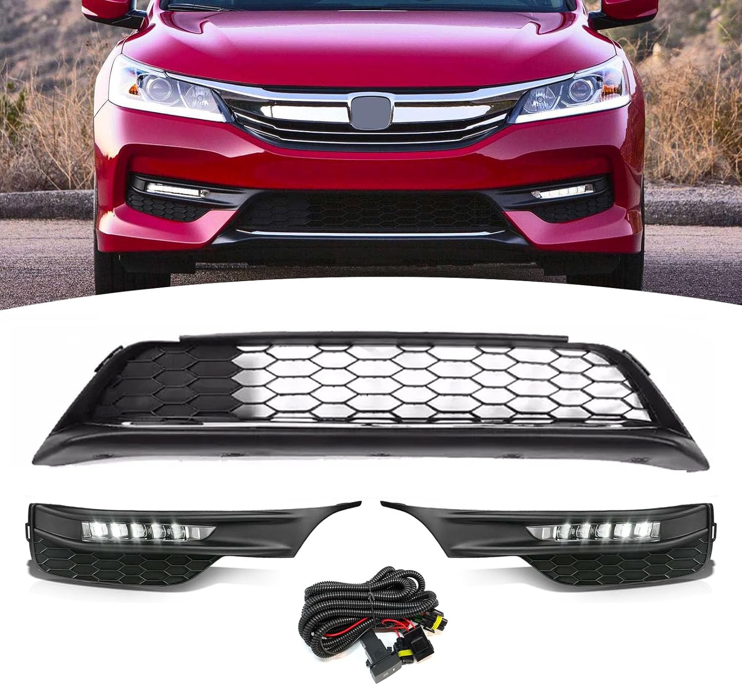Bewild Front Lower Grille & LED Fog Lights Lamps Set Fit for 2016 2017 Honda Accord Sedan Front Bumper Grille Fog Light Lamp Kit Replacement