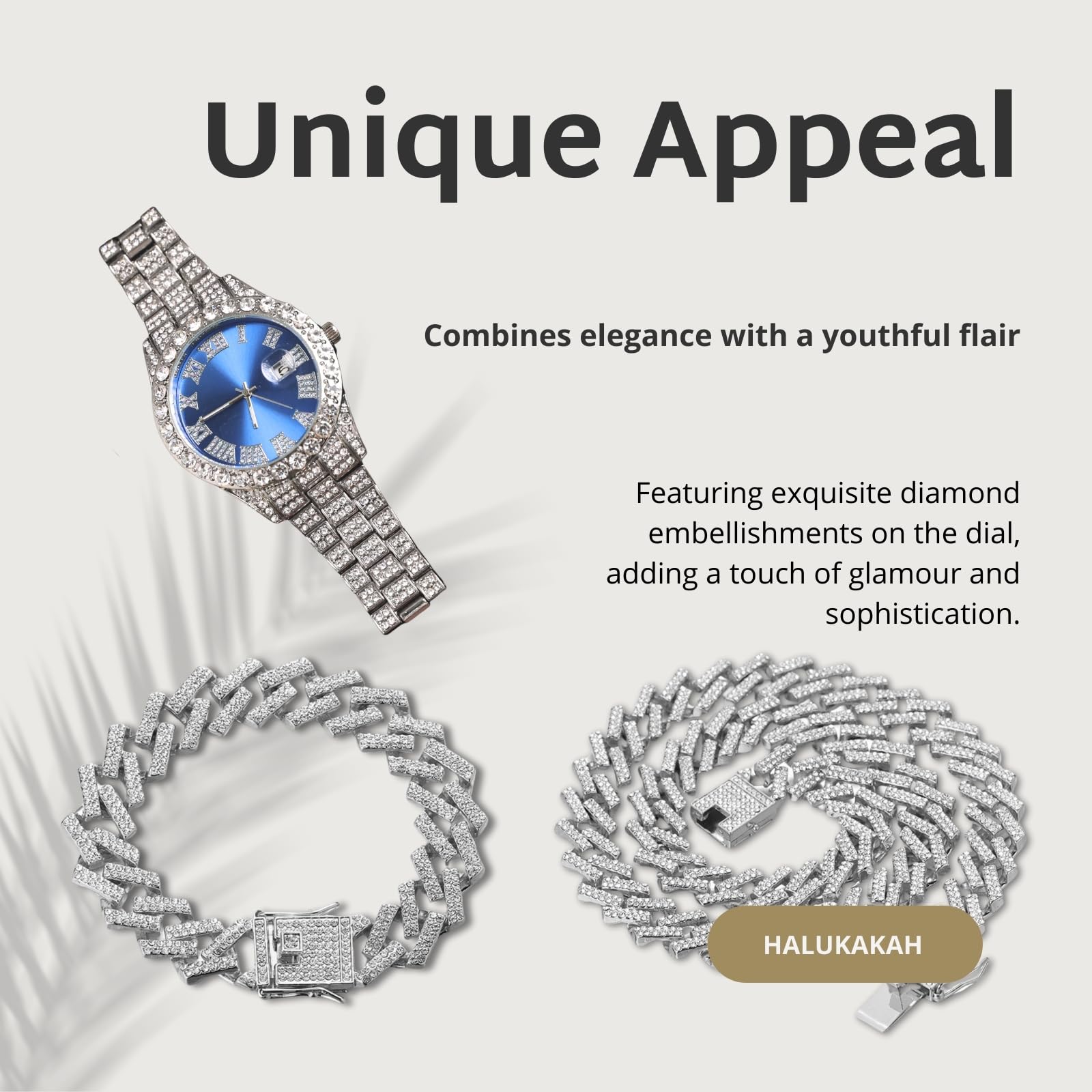 Halukakah Diamonds - Reloj Iced Out para niños y adolescentes, chapado en oro real de 18 quilates, esfera azul/verde/roja, 8 pulgadas de longitud, opcional con cadena de eslabones cubanos, con