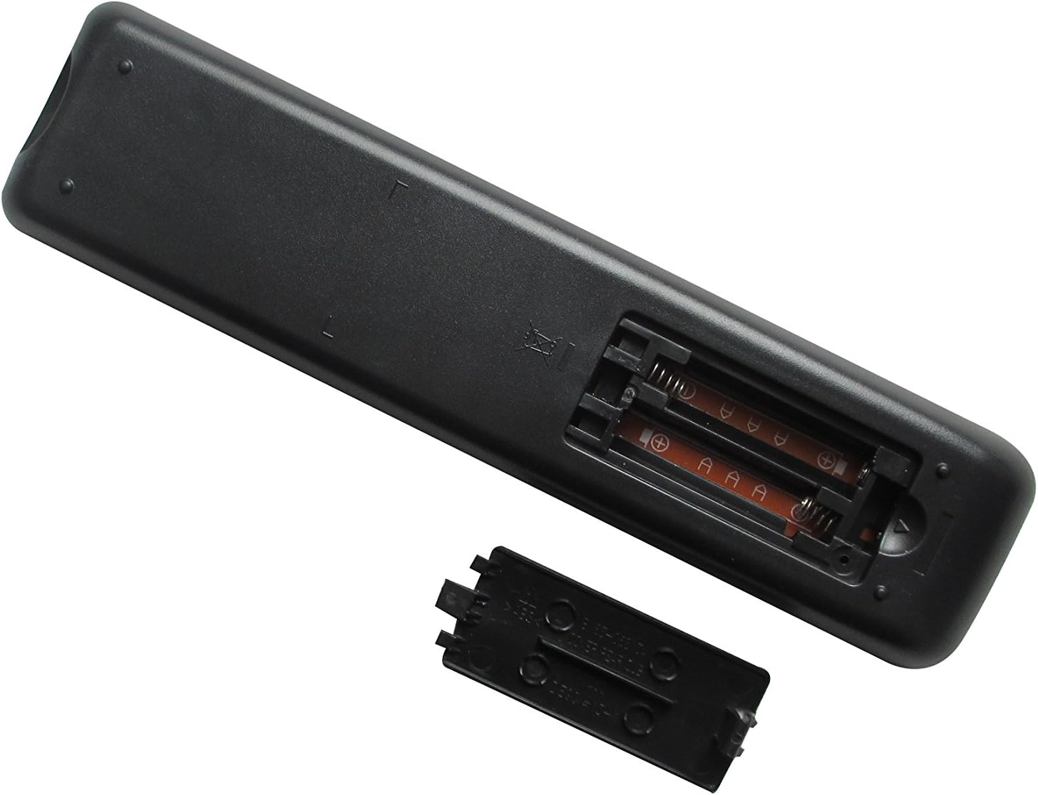 HCDZ Replacement Remote Control with battery compartment open, showing two AAA batteries being inserted.