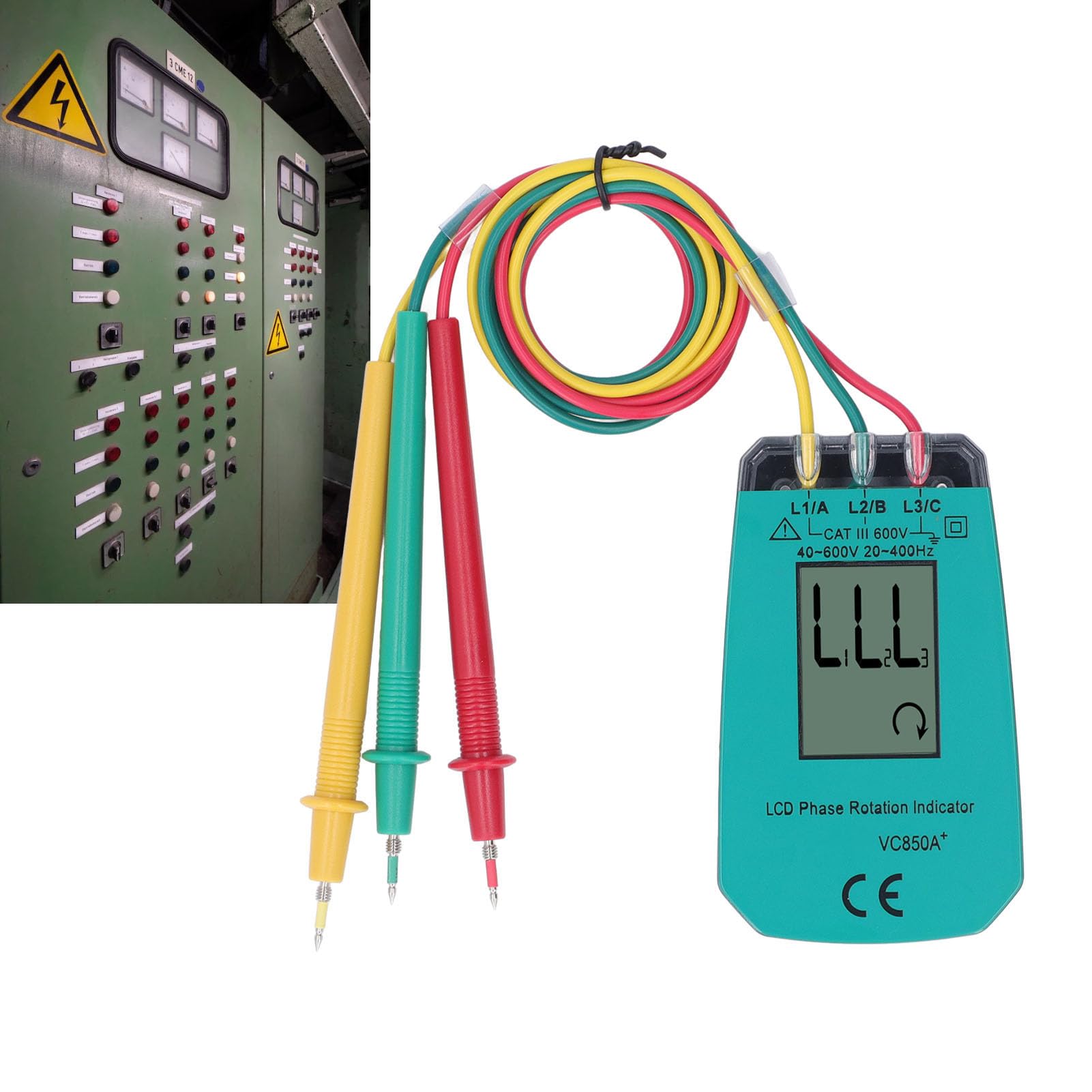 Secuencia de Fase Presencia Rotación Tester, AC40V~600V Comprobador de fase portátil de 3 fases, VC850A Medidor de Secuencia de Fases sin Contactos, para equipos de alta tensión