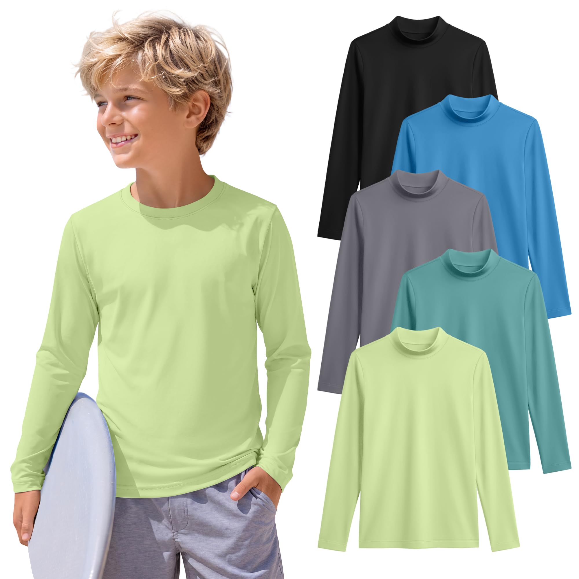 JoyMotion 5 Pack Boys Rash Guard UPF 50+ Shirts | Long Sleeve, Swim, UV Sun Protection, Athletic Rashguards, SPF, Water, Fishing, Quick-Dry, Beach, Pool, Surfing
