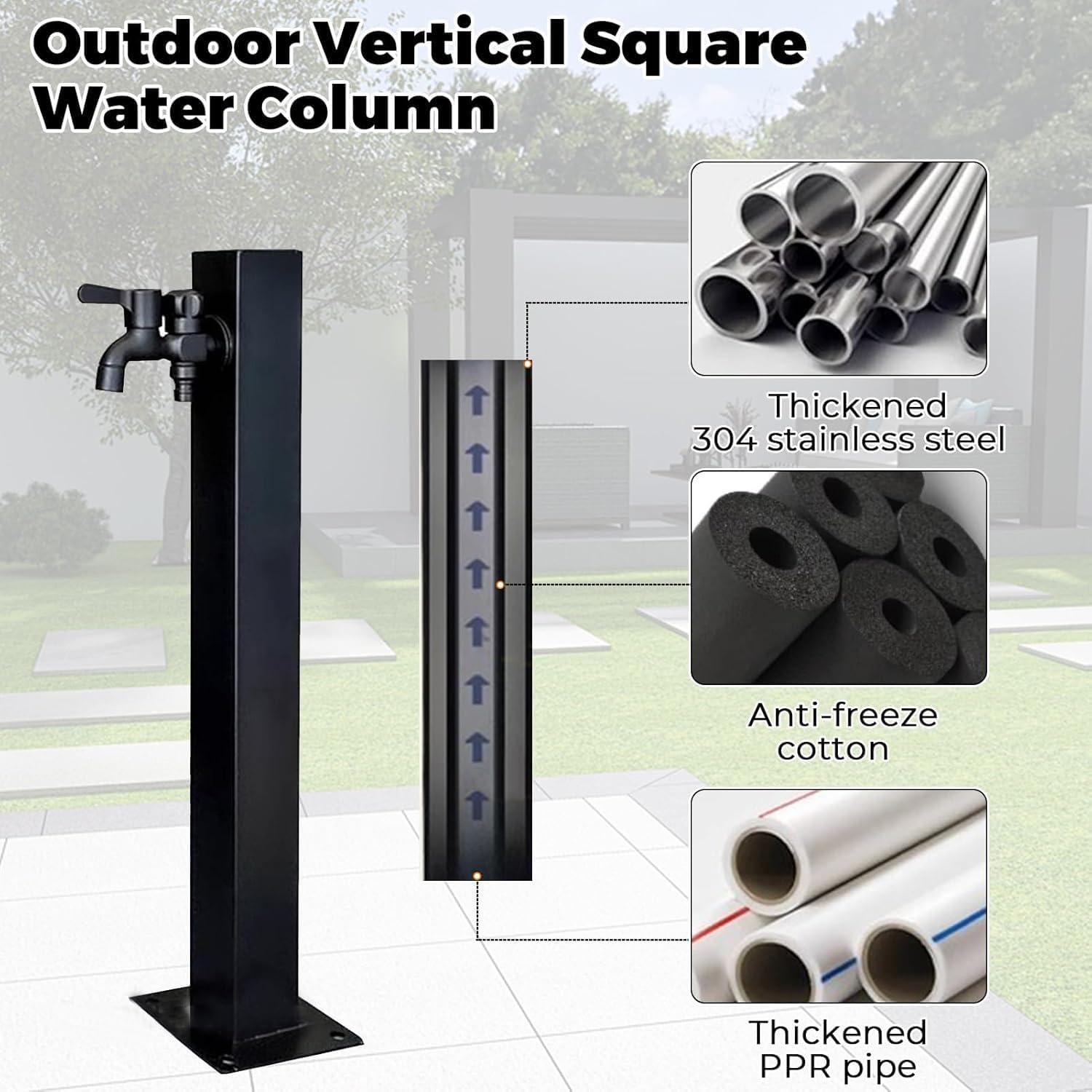 Outdoor Stainless Steel Water Column with Faucet & Spray Gun, Floor-Mounted Tap with Hose Stand, Anti-Rust & Frost-Resistant Garden Water Pillar (95cm/37.4")