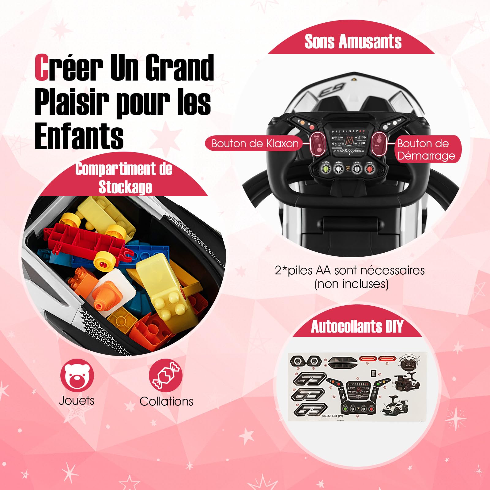DREAMADE Voiture Porteur Enfant pour 1-3 Ans Lamborghini, Porteur Bebe avec Klaxon & Sons du Moteur, Poignée de Poussée, Garde-Corps Amovible, Rangement sous Le Siège (Blanc)