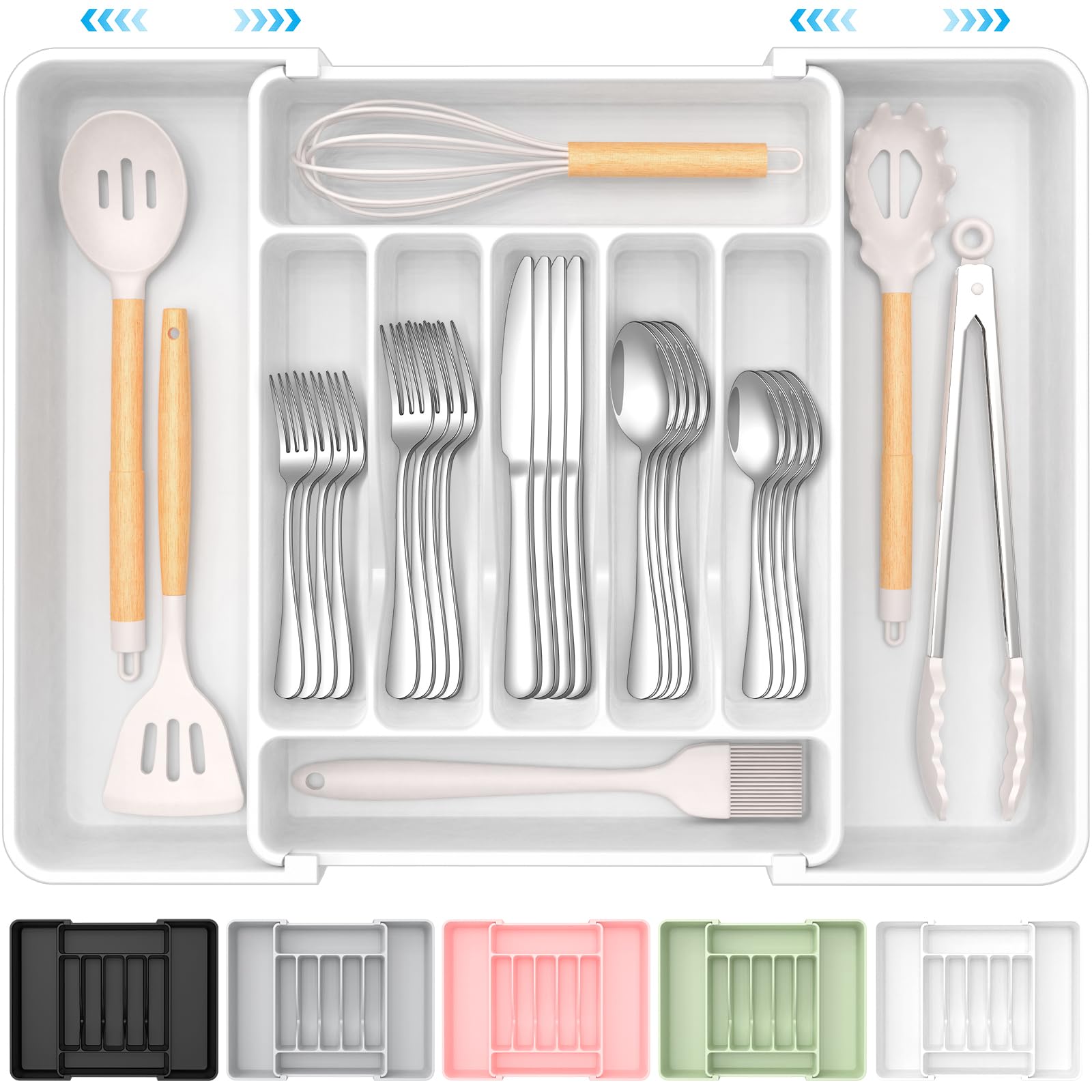 Extra Large Expandable Silverware Organizer, BPA-Free Food-Safe Cutlery Flatware Organizer, Kitchen Utensil Drawer Organizer, Adjustable Silverware Holder for Spoons Forks Knives, White