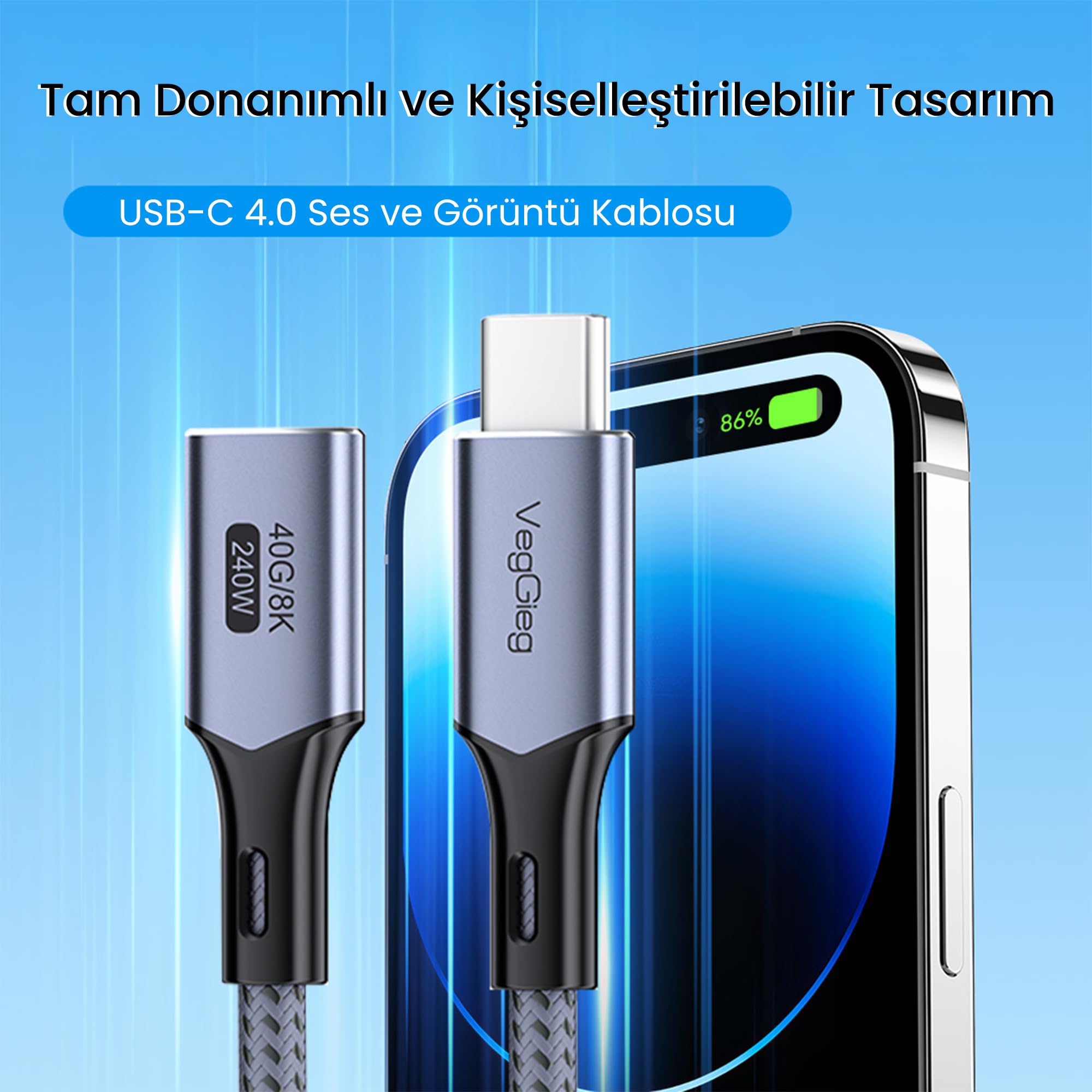 Veggieg USB 4.0 E-Mark 240W 40Gbps Thunderbolt 4 8K 60Hz Type-C Uzatma Kablosu 1 Metre