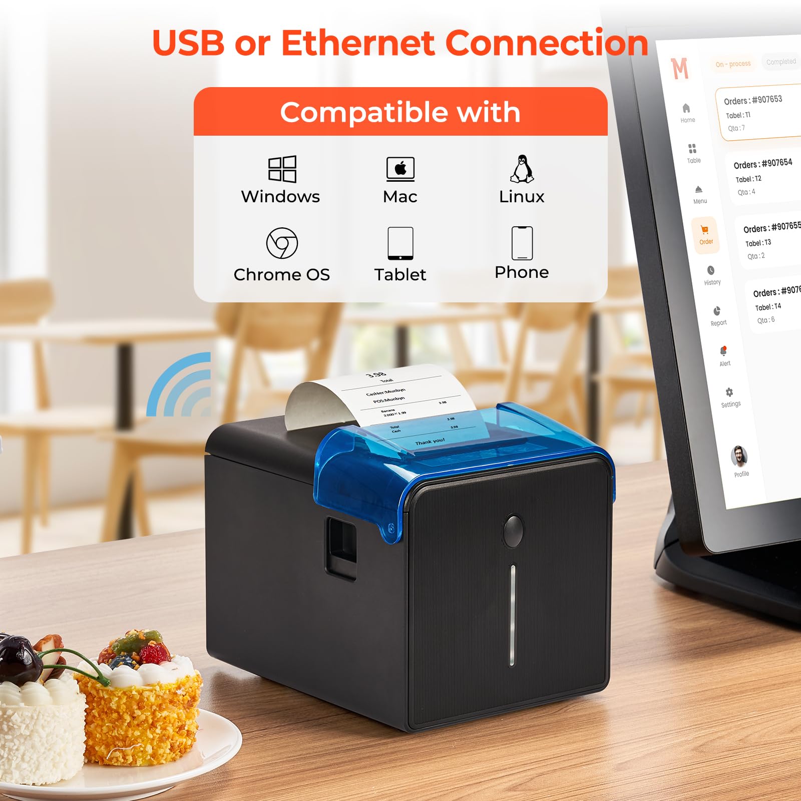 MUNBYN WLAN Belegdrucker, 80mm POS-Drucker mit USB-/LAN-/seriellen Anschlüssen, öl- und spritzwassergeschützter Abdeckung, Wandhalterung, Thermodrucker kompatibel mit Windows Mac Chromebook Linux