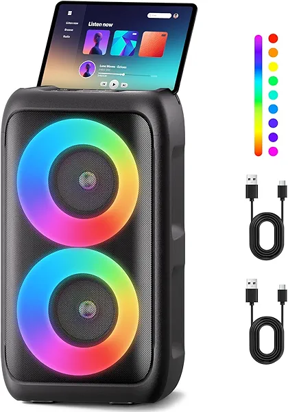 PWBSLAI Bluetooth Speaker with 2 Rechargeable Wireless Microphone - Portable Party Speaker with Colorful Lights - Floorstanding Speakers Support TWS/AUX/USB/TF Card Ideal for Party,Home,Camping