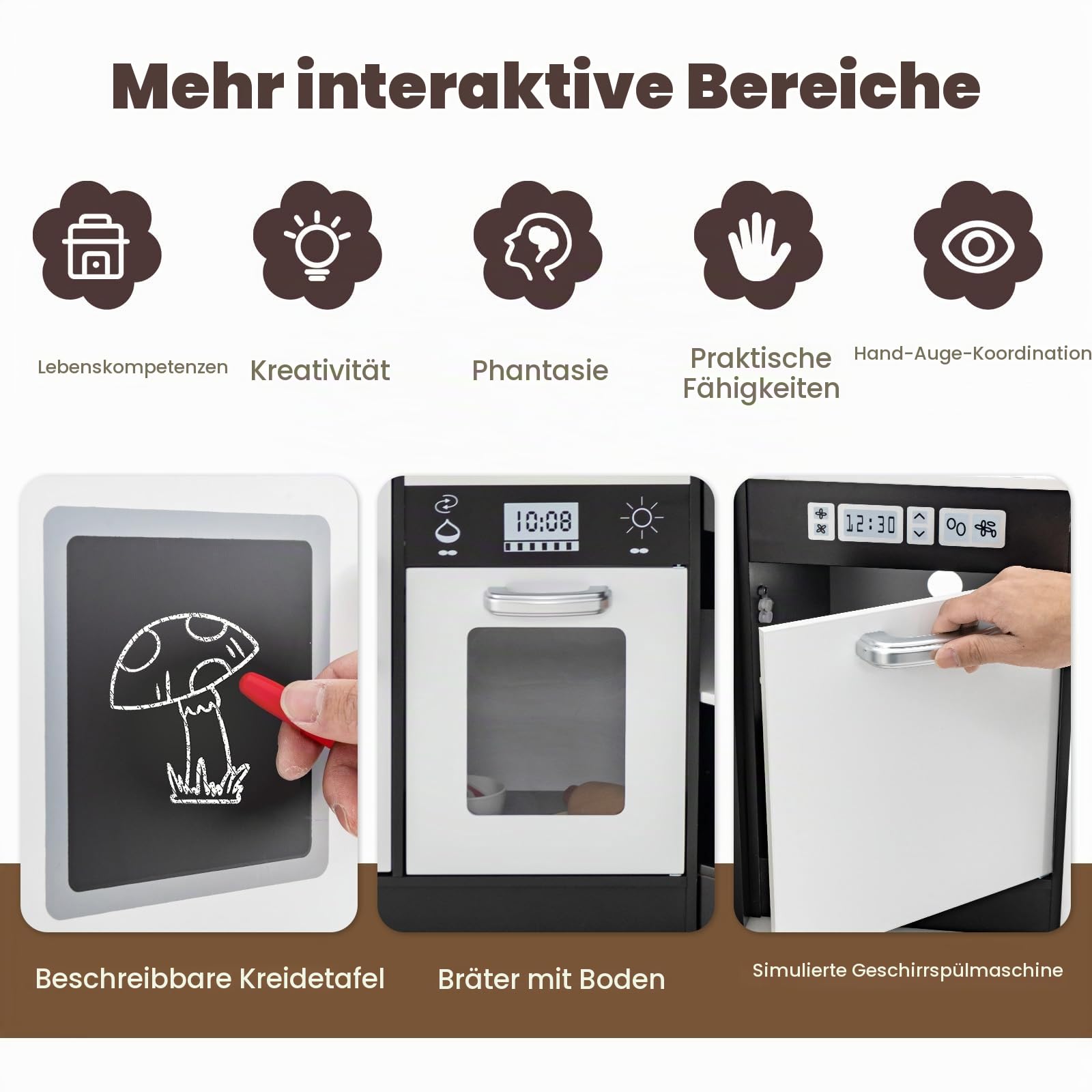 HOMASIS Eck Kinderküche Holz, Spielküche mit Licht, Sound & Dampf, inkl. 16 Zubehör, Spielzeugküche mit Spüle Herd Ofen Mikrowelle Eismaschine Kühlschrank Tafel, Küchenspielset für ab 3 Jahren (Braun)