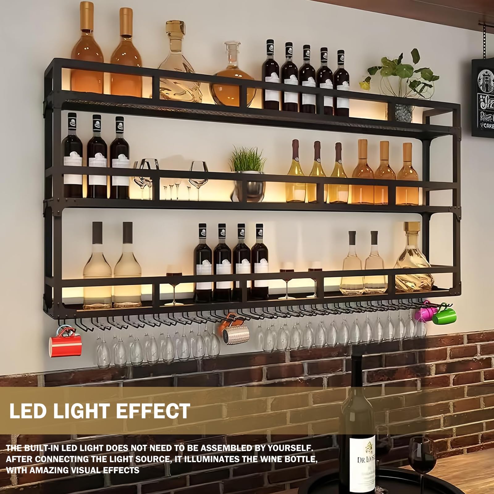 Botellero montado en la pared con luz LED, estante de exhibición de botellas de metal y soporte de vidrio para el hogar, bar, cafetería, comedor