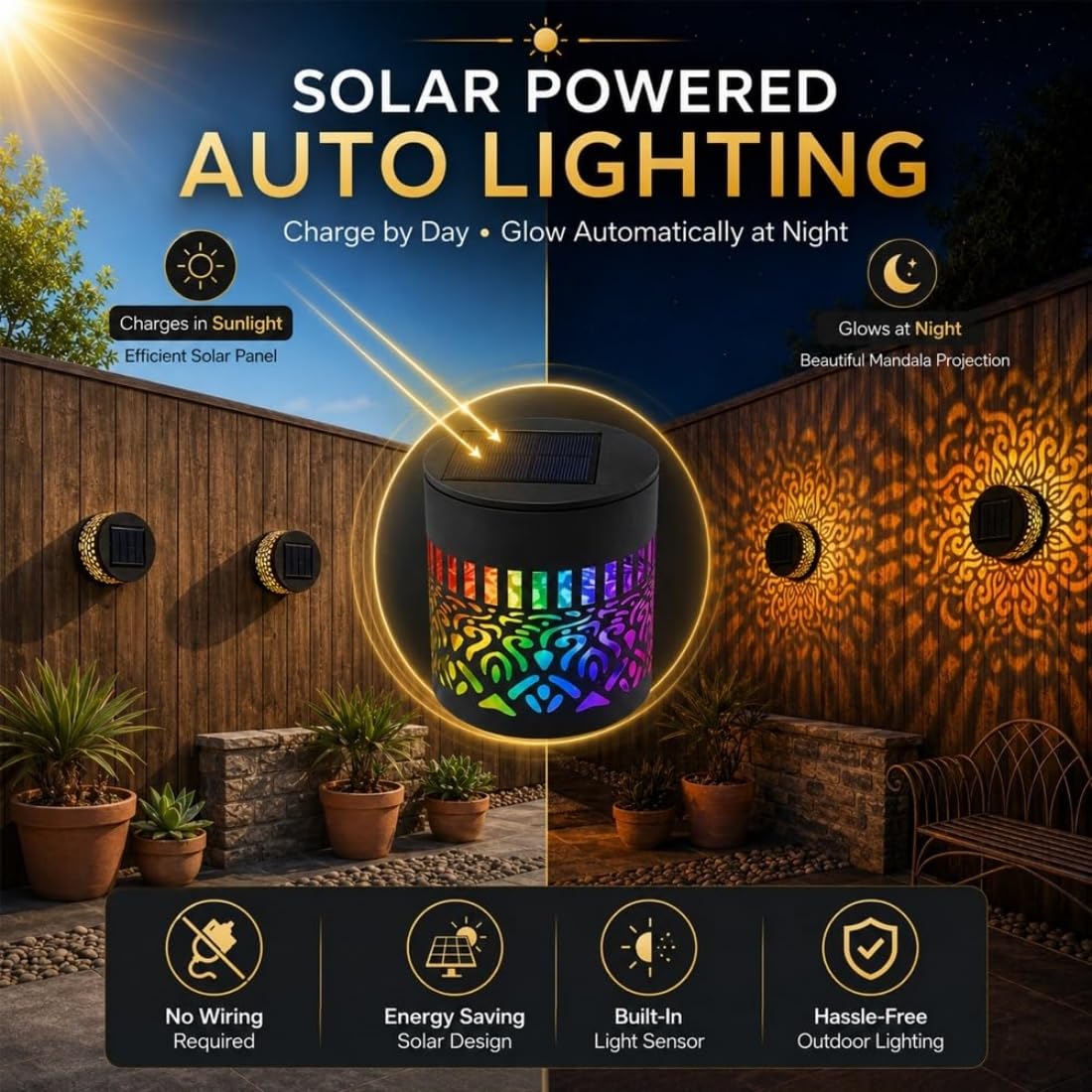Luces solares de pared de mandala, lámpara de pared exterior solares con 7 colores cambiantes, luz de valla de metal impermeable para patio, jardín, patio trasero (4pcs)