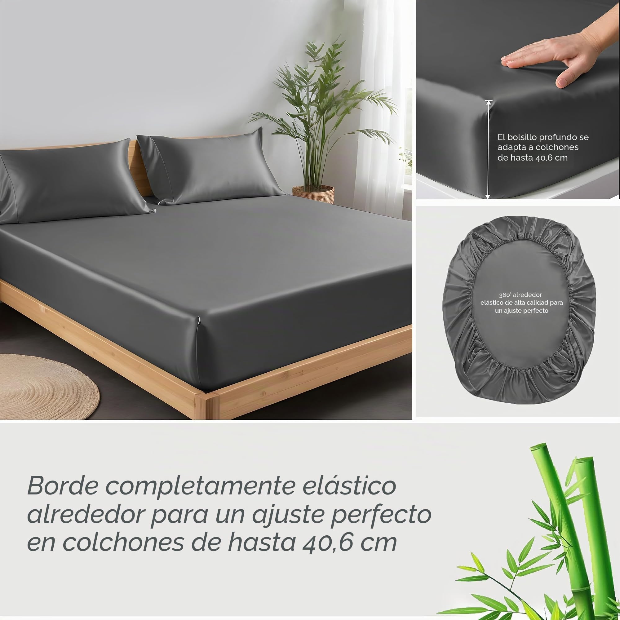 LINENWALAS - Juego de sábanas de bambú 100%, 300 hilos, sábanas de seda refrescantes y suaves, juego de ropa de cama de lujo de 4 piezas para el cuidado de la piel (Doble, gris carbón)