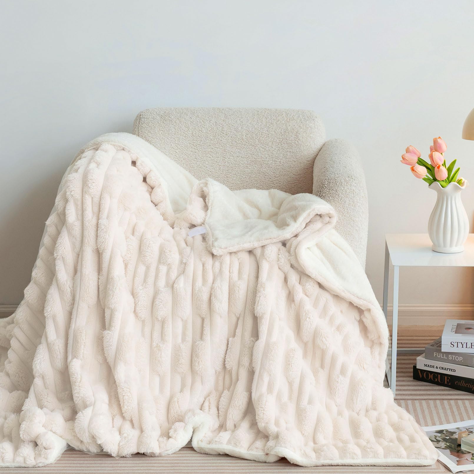 Coperta soffice, con texture morbida, extra calda, per l'inverno, ideale come coperta per divano e copriletto, buon regalo per le donne (geometria beige, 200 x 230 cm)