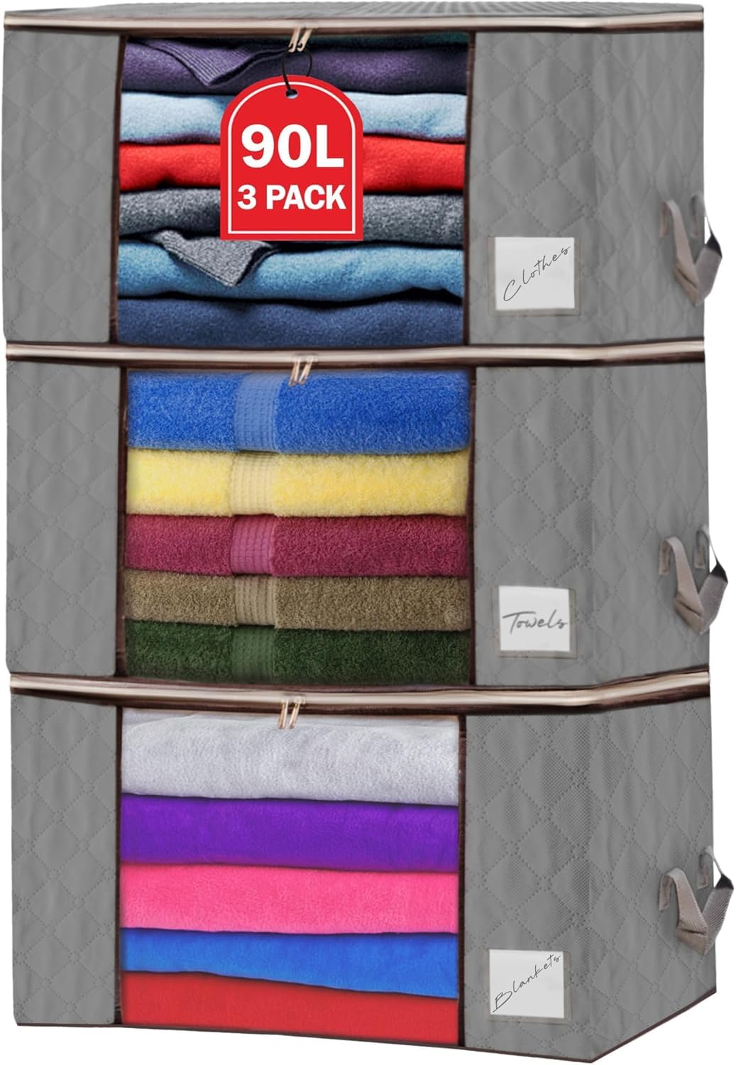 Clothes Storage Bags with Zips 90L Large Capacity Foldable Breathable Storage Boxes with Thick Reinforced Handles Transparent Window Storage Bags for Toys, Clothing, Bedding, Blankets (Grey, 3 pack)