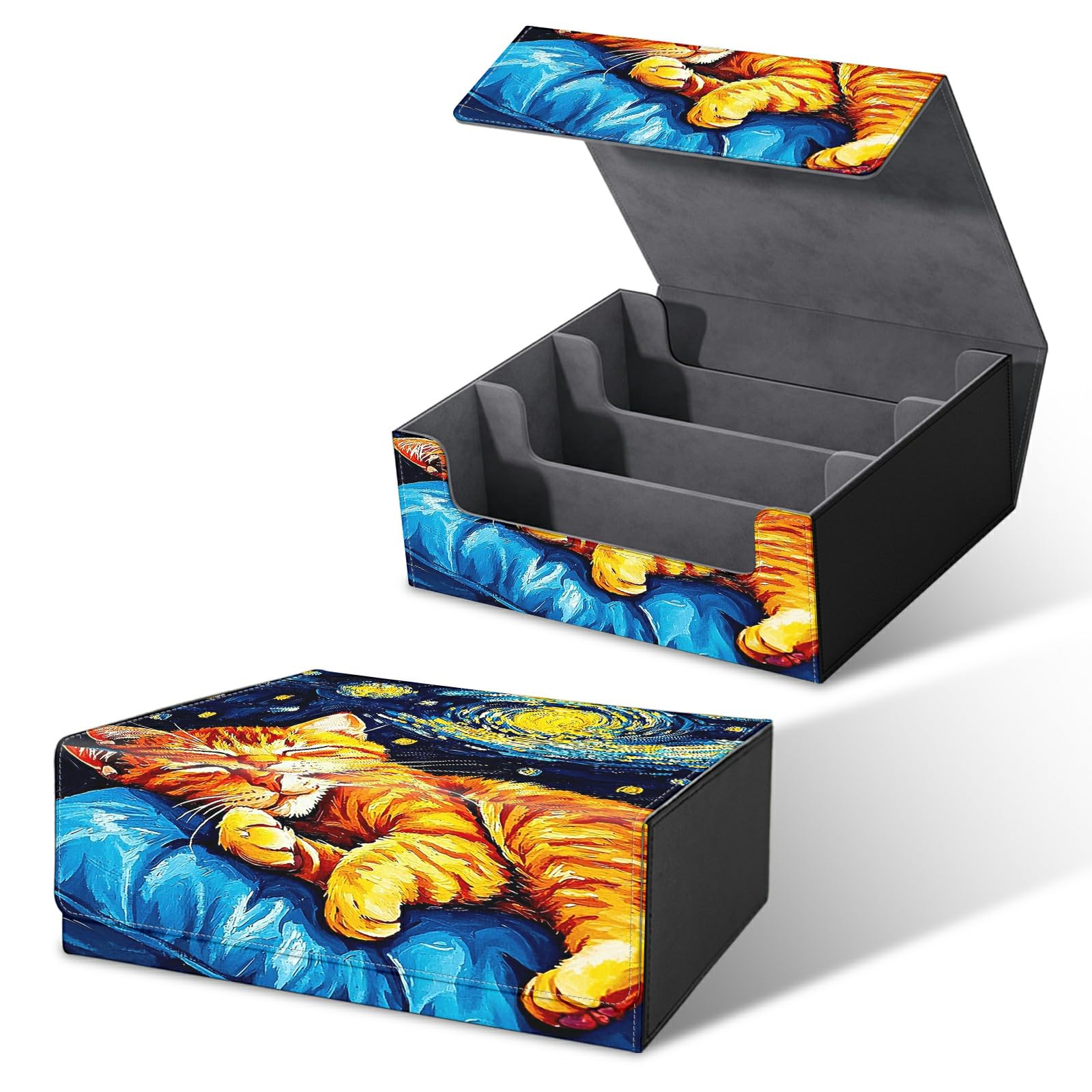 RWUTYTIUL Card Deck Box for MTG, Cards Storage Box Fits 120+ Sleeved, Leather Big Size Strong Magnetic Closing Case for Board Games Magic TCG CCG Baseball Collection Women Man, Galaxy Orange Cat