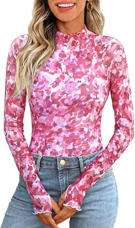 Women Floral Mesh Long Sleeve Tops Lace Undershirt Sheer Layering Shirt Mock Neck Going Out Tops 2025 Summer