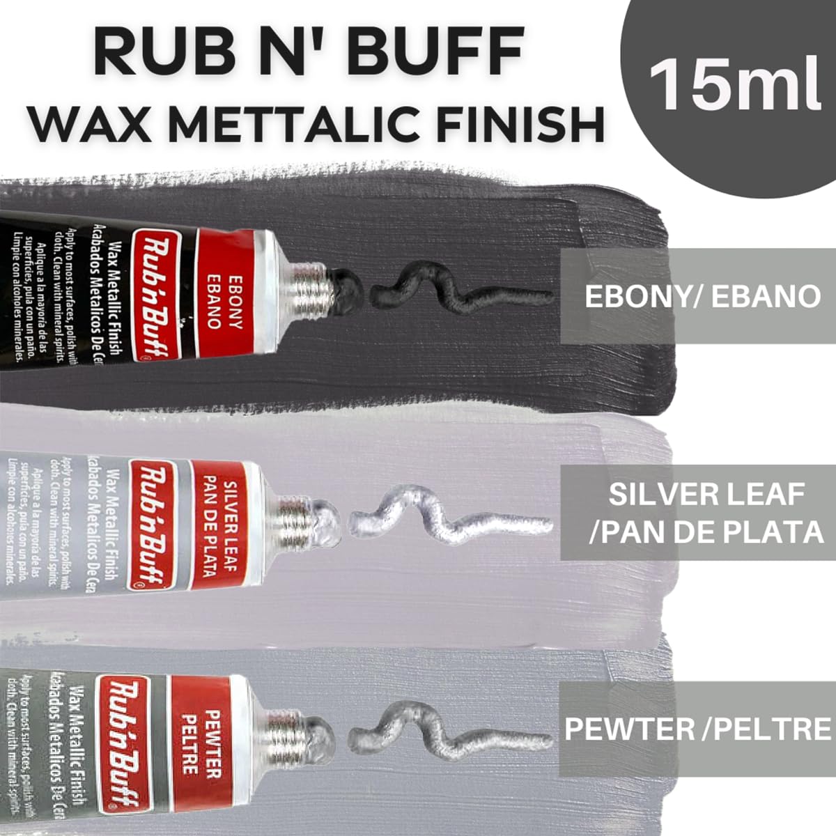 Rub 'n Buff Silver Tones and Pixiss Wax Brushes - 15ml of Silver Leaf, Pewter, Ebony - Gilding Wax Paint with Customizable Sheen - Dries Quick to a Metallic Finish - Round and Flat Boar Hair Bristles