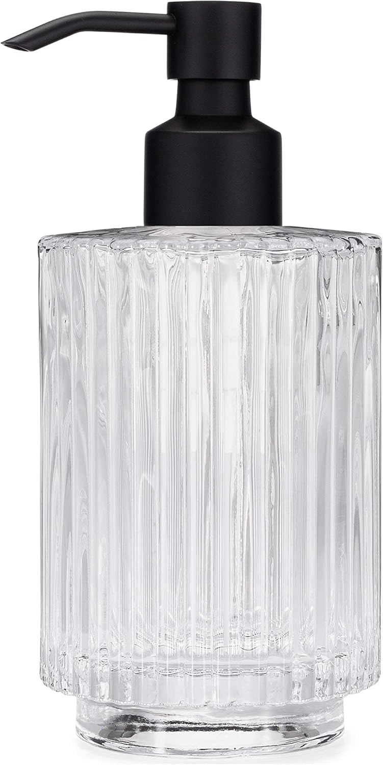 Rail19 Parisian Clear Fluted Glass Soap Dispenser - Refillable Lotion & Hand Soap for Kitchen and Bathroom, 10oz (Cali Black)