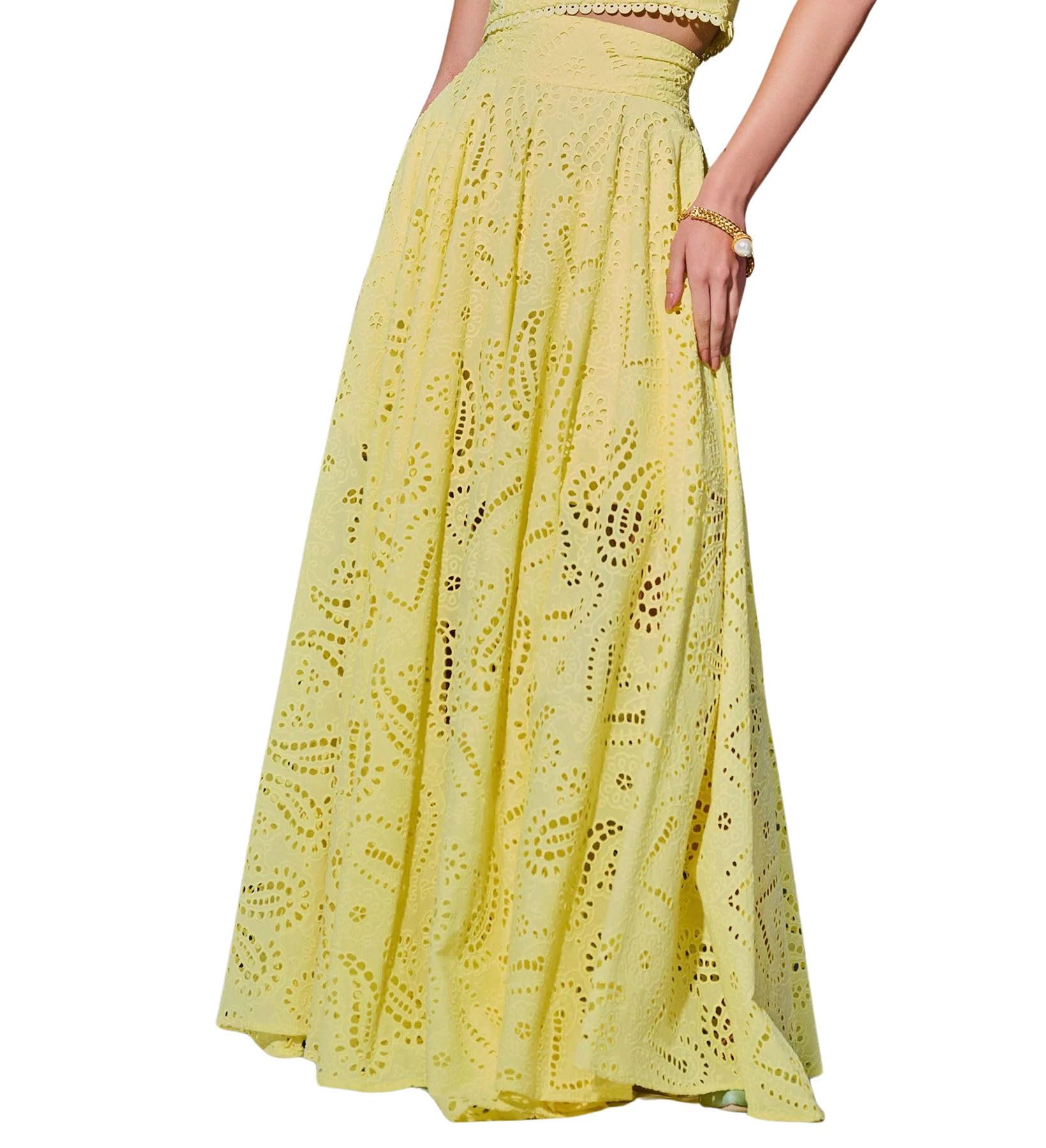 chouyatou Womens Hollow Out Eyelet Maxi Boho Skirt Back Smocked Waist Lace Floral Flowy Long Skirt with Pockets