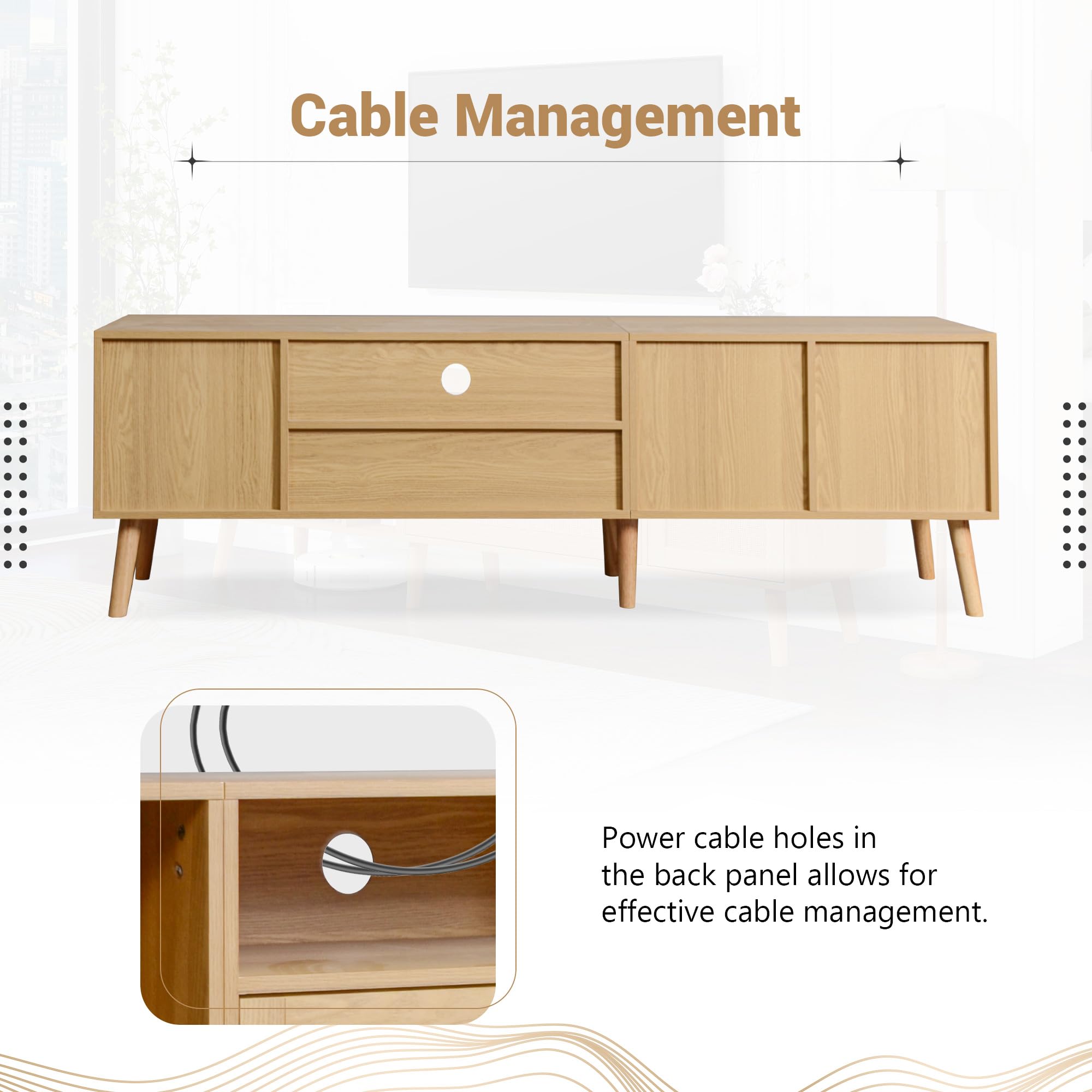 Mobile TV spazioso 180 cm con decorazione in rattan, 2 ante, un cassetto, gambe in legno massello, può ospitare TV da 80 pollici, armadietto per TV