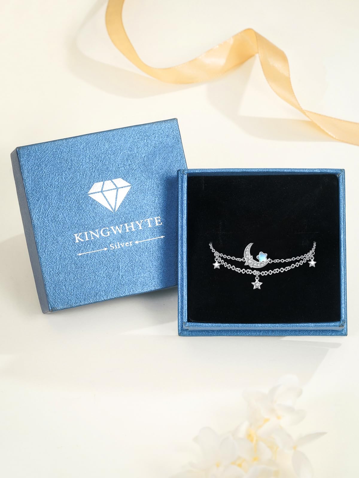 KINGWHYTE Mondstein Armband 925 Sterling Silber Mond und Stern Planet Armbänder Verstellbares Mondstein Armkette Geschichtete Schmuck Geschenk für Weihnachten Valentinstag