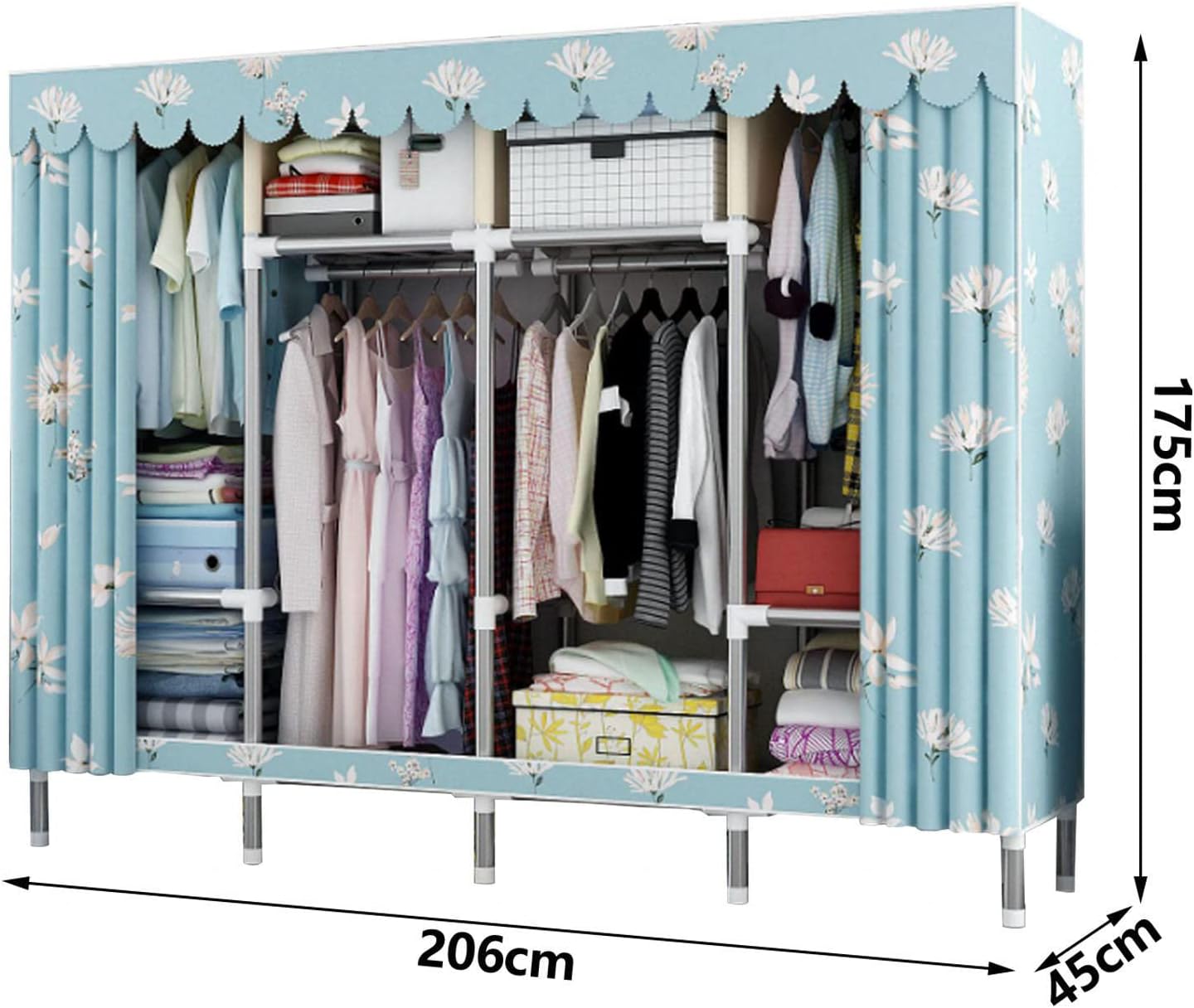 Canvas Wardrobe,Portable Fabric Wardrobe Shelves with Hanging Rail,Foldable Clothes Closet Storage Organizer for Clothes,Bags,A-206x45x175cm