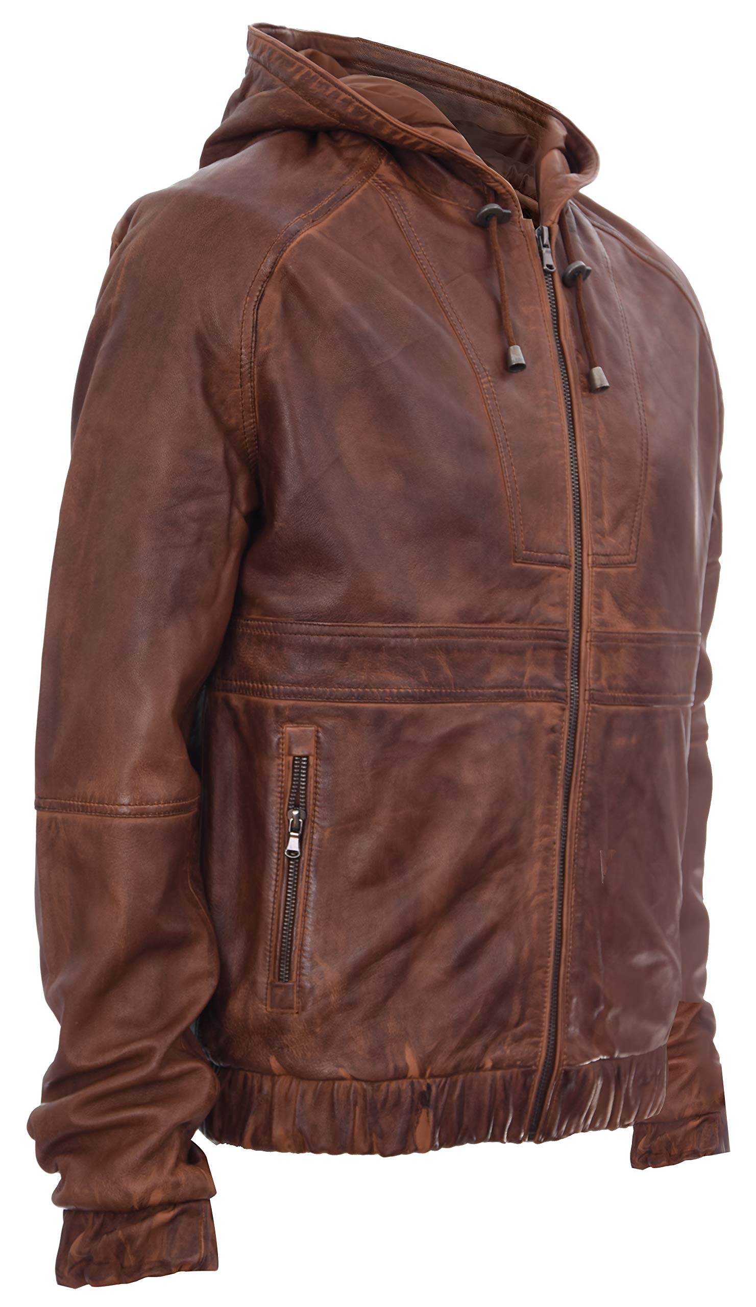 Infinity Leather Chaqueta Motera de Cuero con Capucha de Marrón Oscuro y Capucha de los Hombres.
