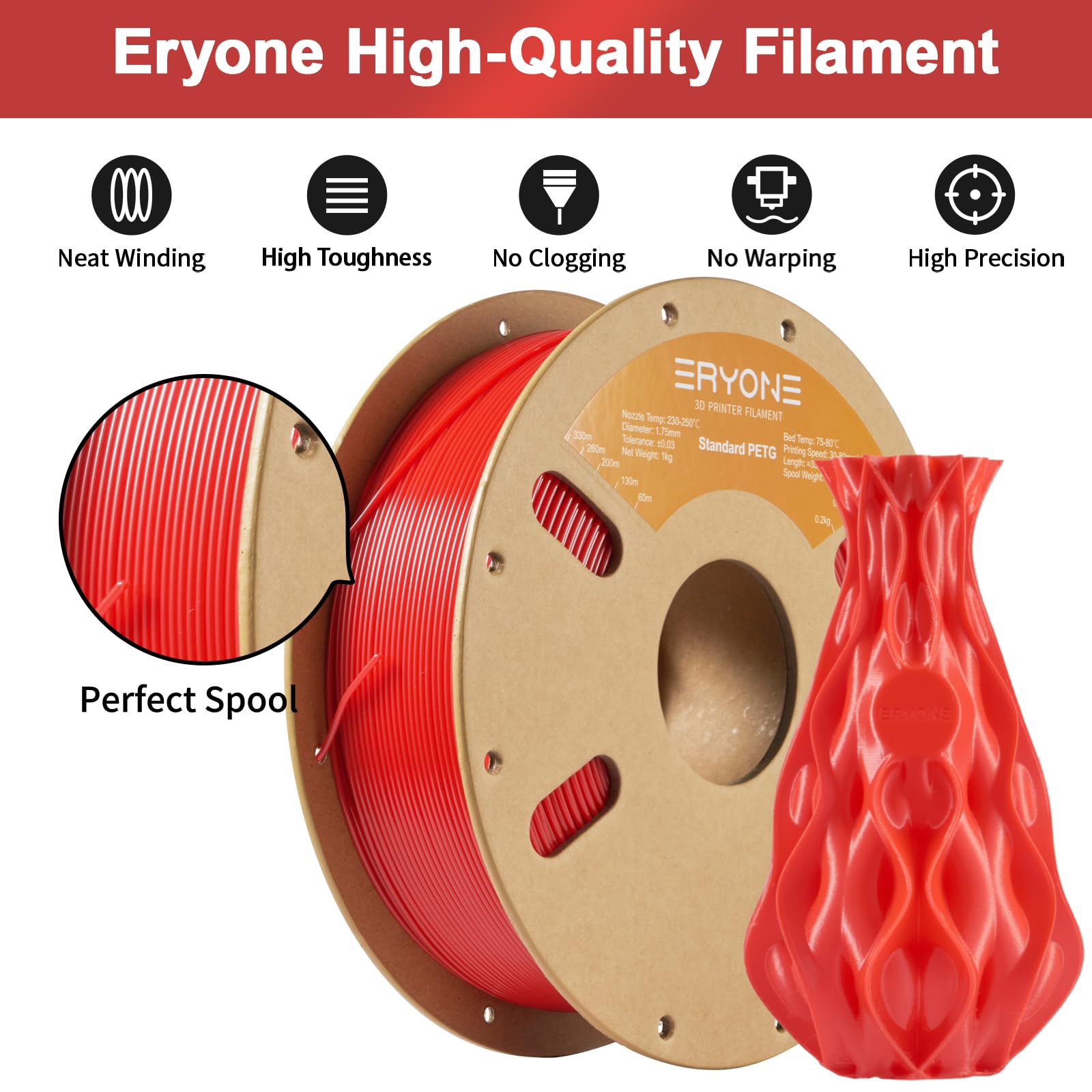 ERYONE PETG Filament 1.75mm, Filament PETG for 3D Printer 1KG, +/-0.03mm, Red
