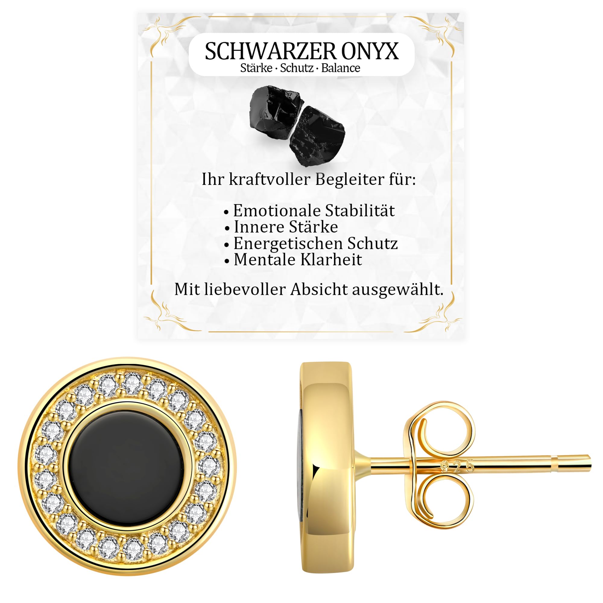 JANDY SHINE Weiße Perlmutt/Schwarzer Onyx Ohrringe für Damen 925 Sterling Silber Hypoallergene Natürlicher Edelstein Ohrstecker mit 5A Zirkonia, 10mm Durchmesser