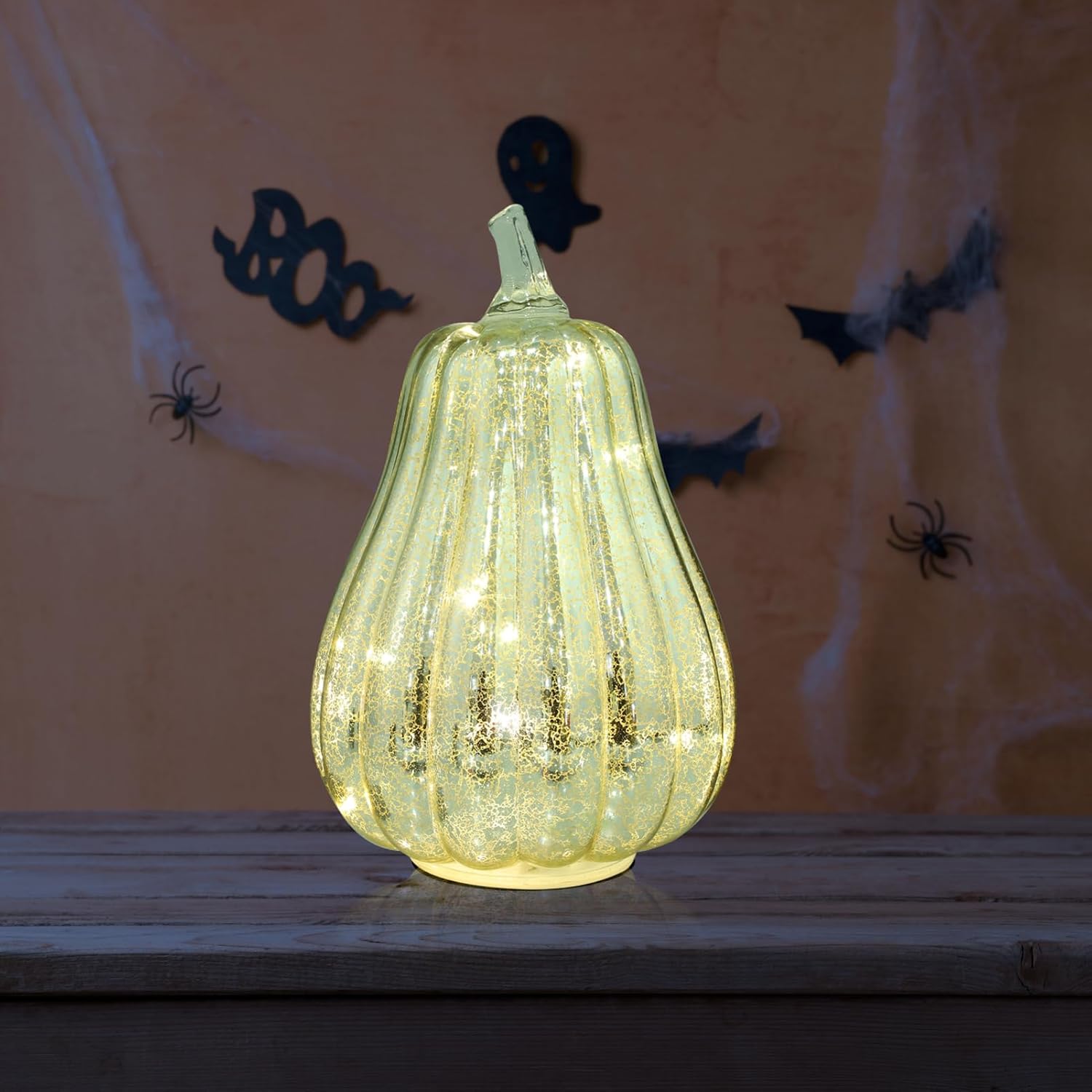 jojofuny Halloween Glass Pumpkin Lantern, LED Light Up Decorative Lamp, Silver, 7.48 x 5.78 Inch, Fall Halloween Thanksgiving Tabletop Party Decoration