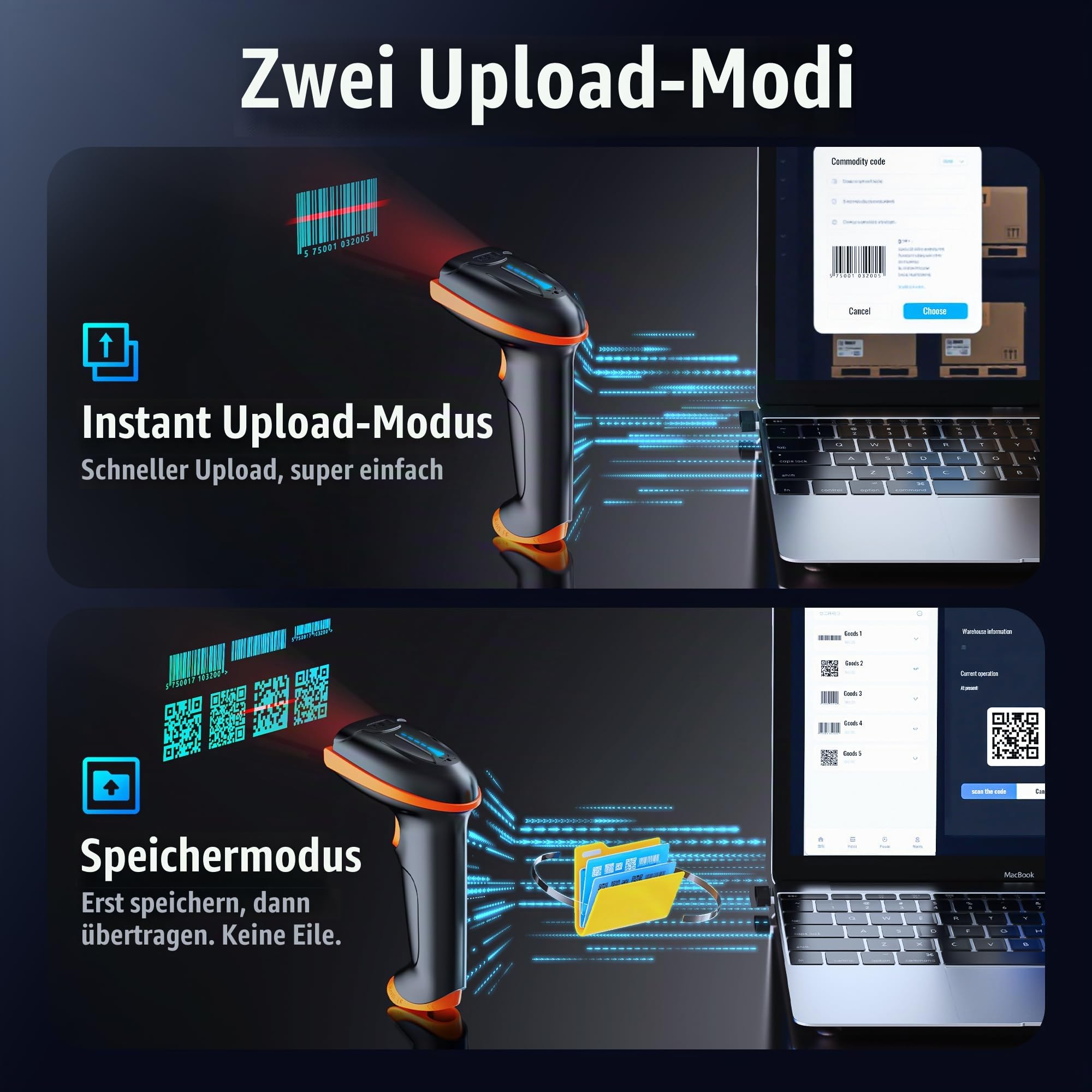 Tera Barcode Scanner 1D 2D QR Wireless Kabellos 2,4 GHz + Wired USB 2,0 Kabelgebunden Handscanner Barcodelesegerät mit Ständer Halterung 5 Mil Auflösung 100m Reichweite, D5100