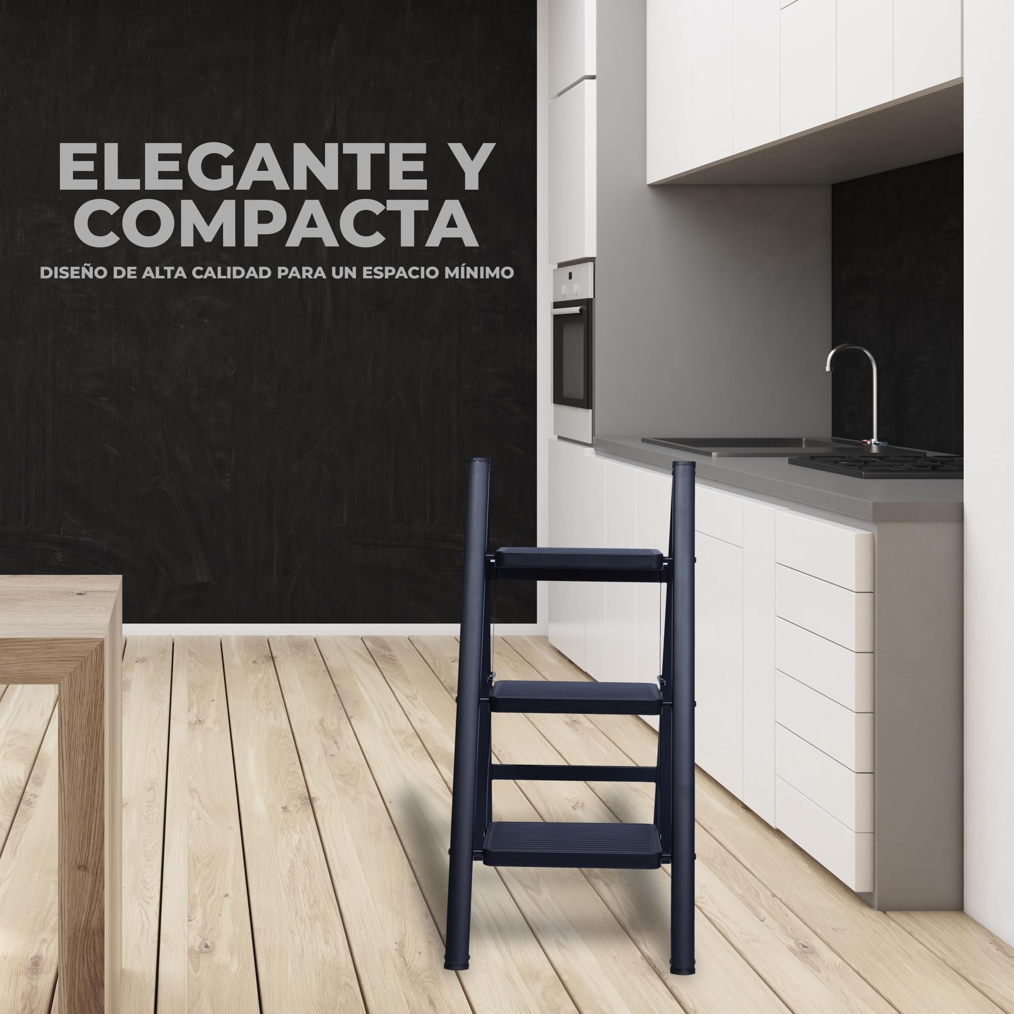 UZIRO Escalera Plegable 3 Peldaños, Escaleras Decorativa, Peldaños Anchos Antideslizantes, Ideal para Uso en Hogar, Cocina y Oficina, Fácil de Guardar y Transportar, Resistente (Negro, 3 Peldaños)