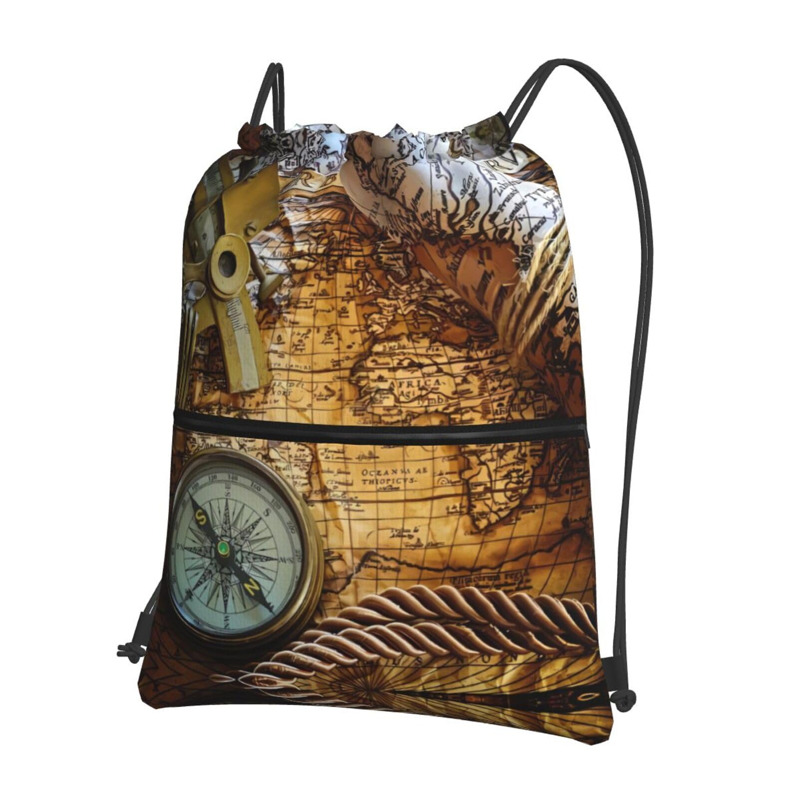 Compass and Old World Map Print Nylon Drawstring Backpack â€“ Adjustable Lightweight Gym Bag for Sports, Travel, Camping & Hiking