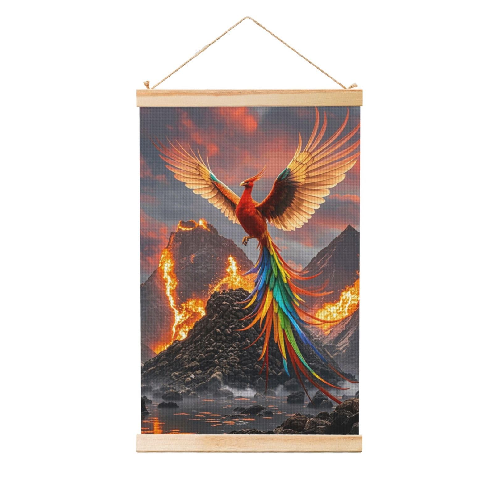 Phoenix and Fire Poster Wooden Shaft Hanging Poster Wall Hanging Banner Canvas Artwork with Wood Frames 36"x24" Modern Artwork Decor Ready to Hang Wall Art for Home Decor Scroll Painting