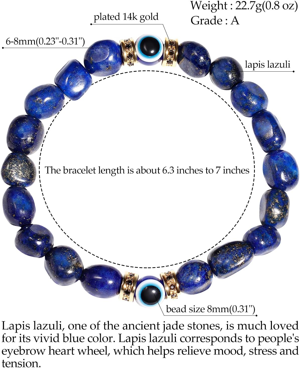 Jewever Real Lapis Lazuli with Evil Eye Beaded Bracelets Stretch Tumbled Chips Stones Reiki Bracelet for Women Men Lucky Positivity Mens Bracelet - Image 4